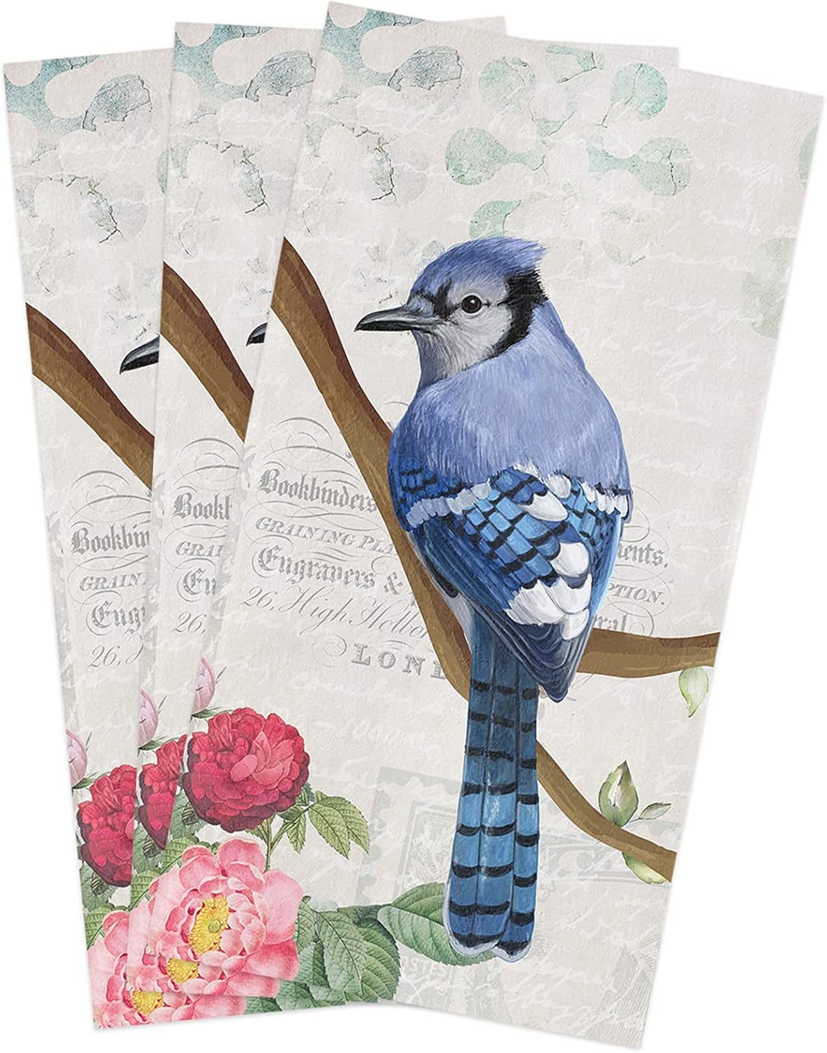 Savannan Kitchen Dish Cloths, Farmhouse Retro Art Colorful Flower with Bird Blue Jay Ultra Soft Absorbent Dish Towels for Drying Dishes Quick Drying Towels Dish Rags 3 Pack