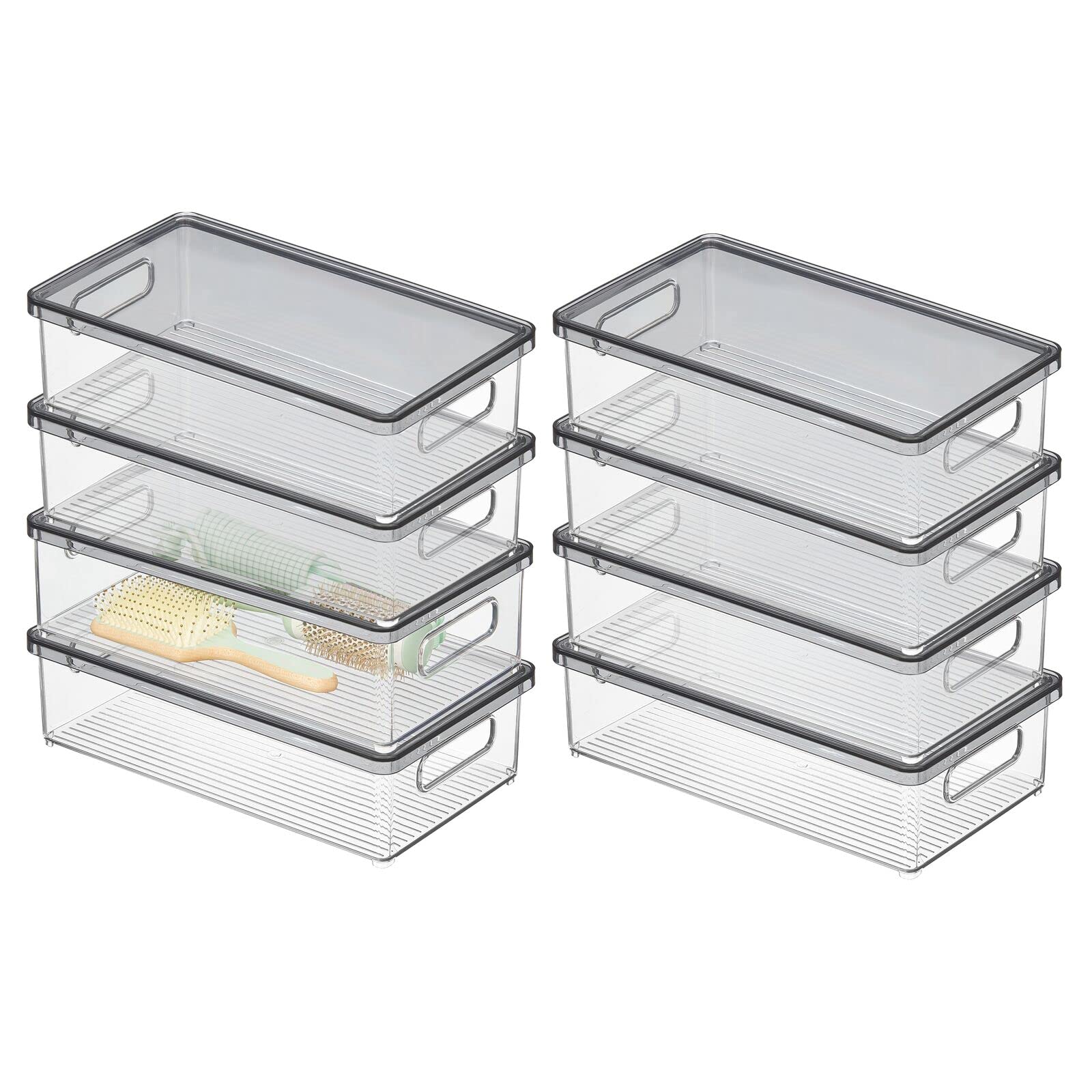 mDesign Small Plastic Stackable Bathroom Cabinet Storage Bin Box with Handles/Lid, Drawer Stacking Organizer for Soap, Lotion, Towels, and Accessories, Ligne Collection, 8 Pack, Clear/ white