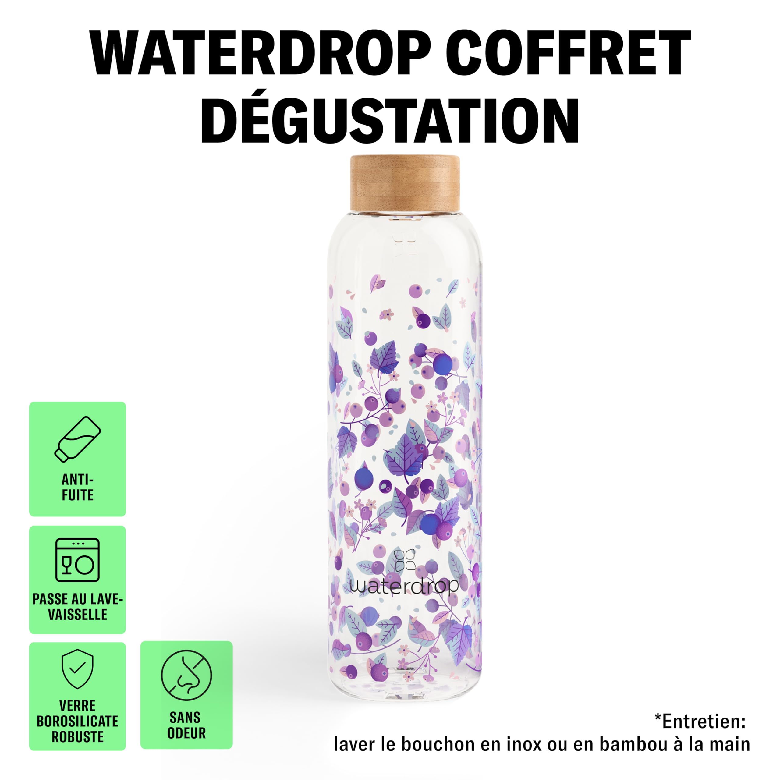 waterdrop® Coffret Dégustation Verre - Bouteille en Verre 600ml + 18 Cubes à Boire en 6 Saveurs, Boisson en Cube avec Vitamine C & Vitamine B, Sans Sucre, Gourde d'Eau, Coffret Cadeau Femme & Homme