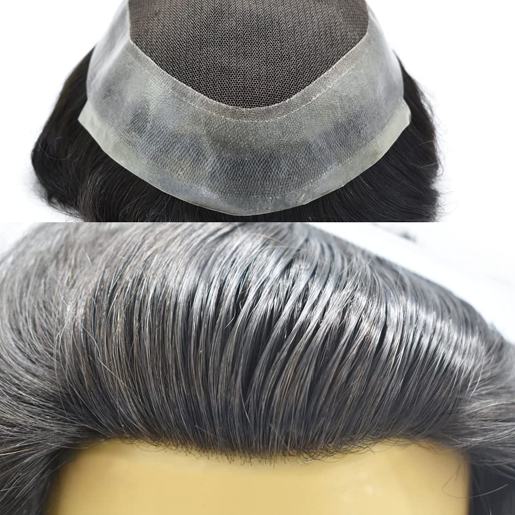 Toupee for Men Human Hair System Replacement French Lace Mens Toupee Clear Poly Skin Around Hair Units Transparent Lace Super Thin Skin Hairpiece Natural Hairline 100% Human Hair Wig for Men LYRICAL HAIR (9"x7", #1B Off Black-100% Light to Medium Light Density)