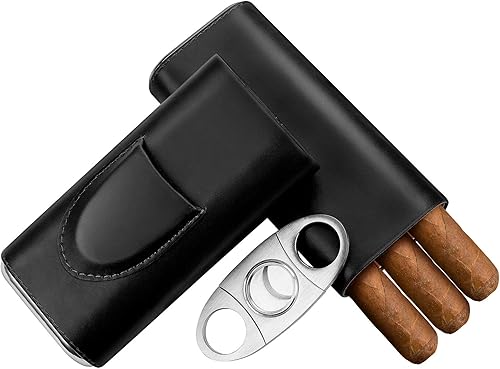 Miniatura 4 de Estuche para cigarrillos con forro de madera de cedro, estuche de viaje para puros, cortador de cigarrillos, caja humidora (negro)