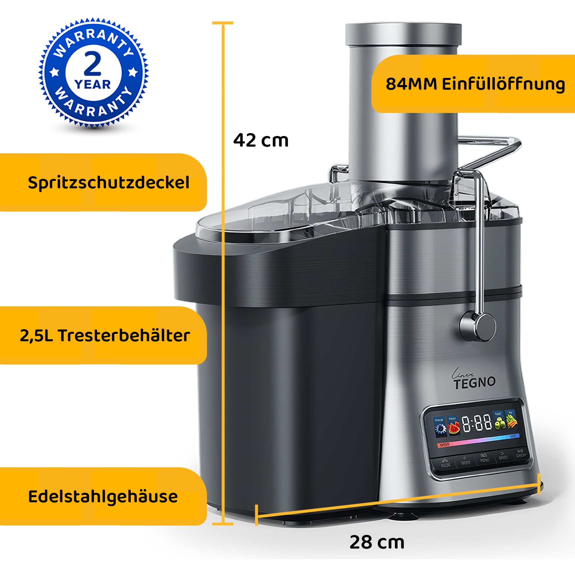 Super Juicer - Linea Tegno - Professioneller Edelstahl Entsafter - Entsafter für Obst und Gemüse - 1500W - Extra große Einfüllöffnung - 2,5L Fruchtfleischbehälter - 1L Saftbecher, LED-Farbdisplay