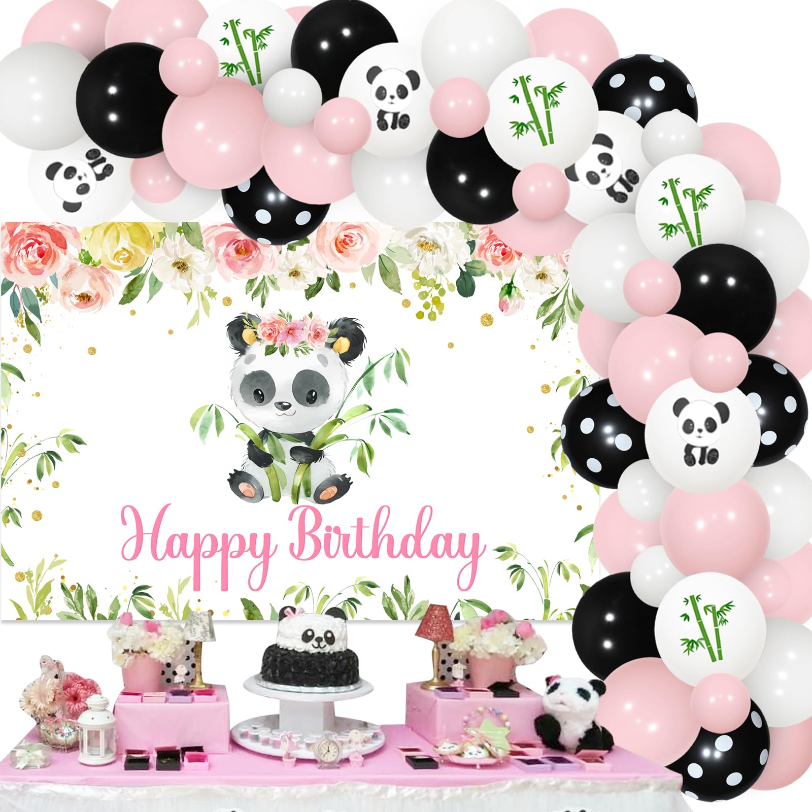 Panda Birthday Decorations for Girls, Pink Panda Birthday Backdrop Balloon Garland Arch Kit, Panda Birthday Party Supplies