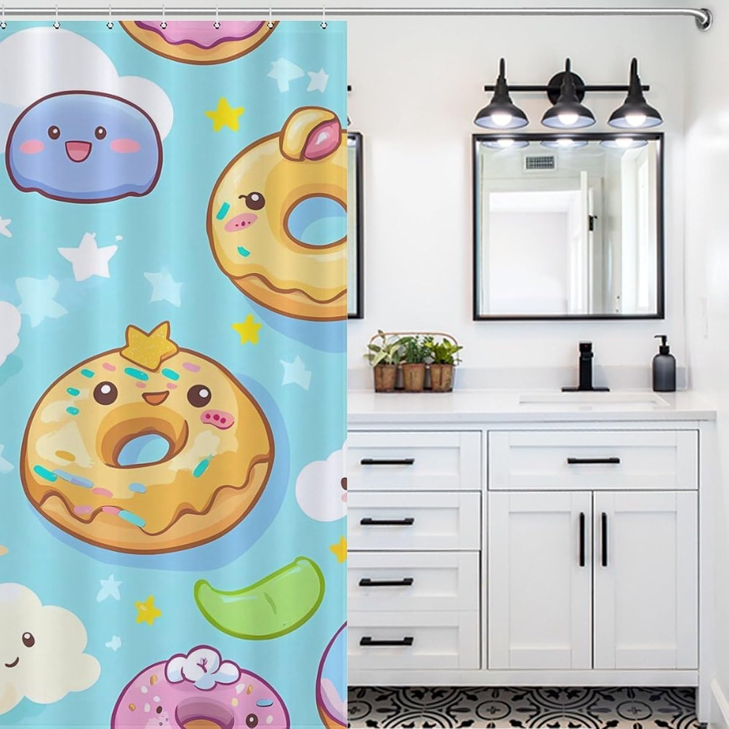 Cute Donuts Cartoon Bath Curtain Waterproof Shower Curtains with Hooks for Bathroom Showers and Bathtubs