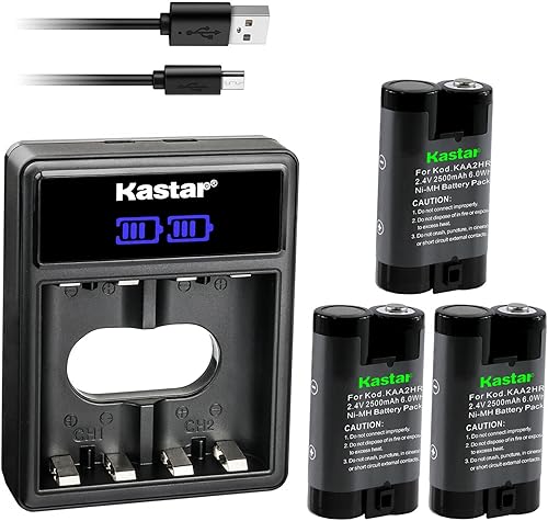 Kastar Paquete de 3 baterías KAA2HR y cargador USB dual LCD de repuesto para Kodak EasyShare DX6340, DX6440, DX6445, Z1275, Z1285, Z650, Z650 Zoom,