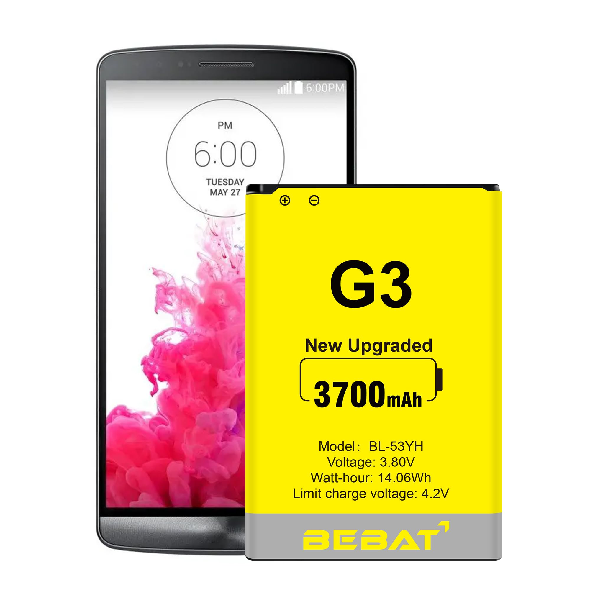 Replacement Battery for LG G3,3700mAh High Capacity New 0 Cycle Li-ion Battery for LG G3 Model D852, D855, D850, D851, VS985, LS990,BL-53YH