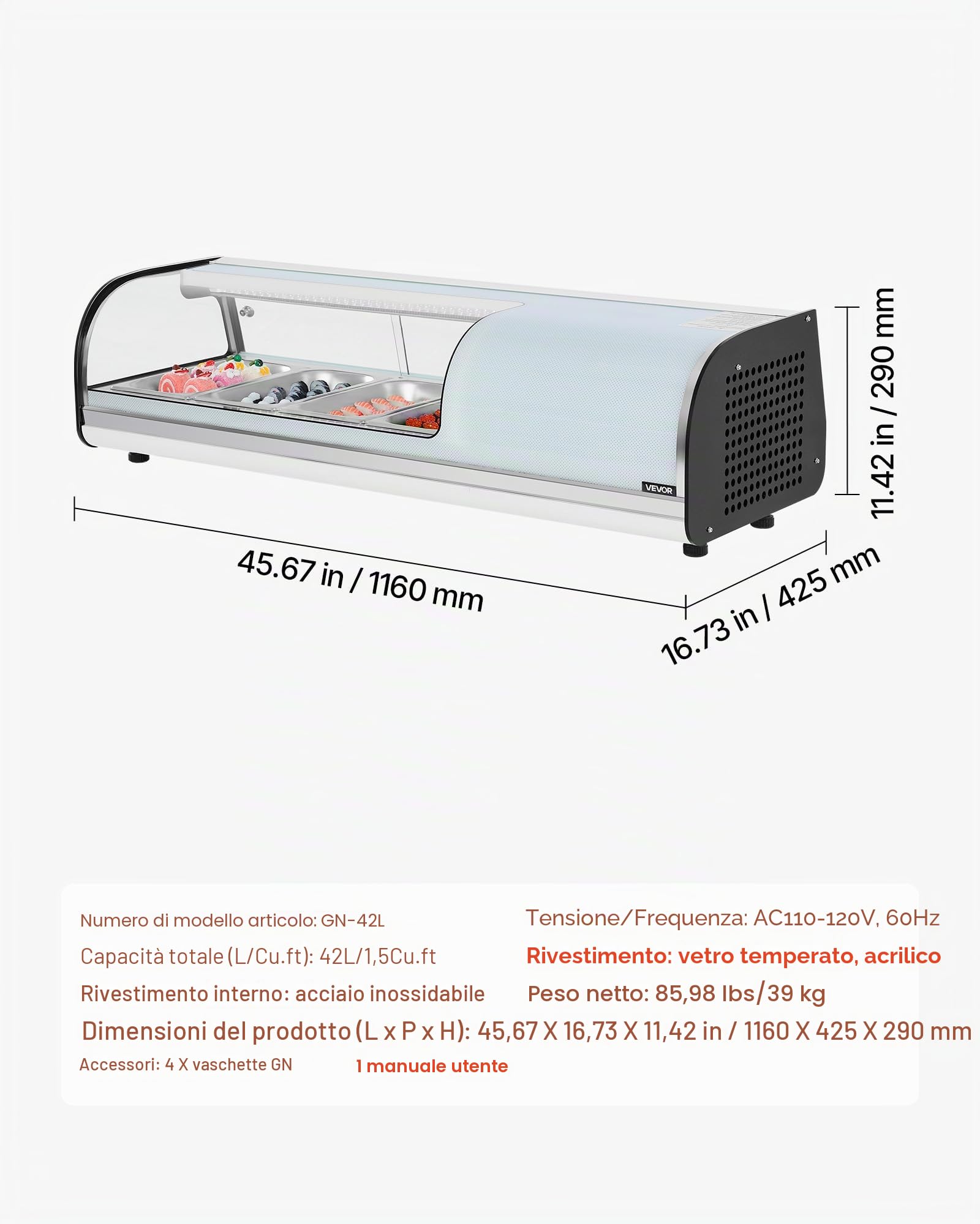 VEVOR Vetrina Refrigerata per Sushi Commerciale da 42 L, 4 Teglie con Vetro Curvo, Illuminazione a LED e Controllo Digitale della Temperatura, Frigorifero per Bancone Ristorante Negozio