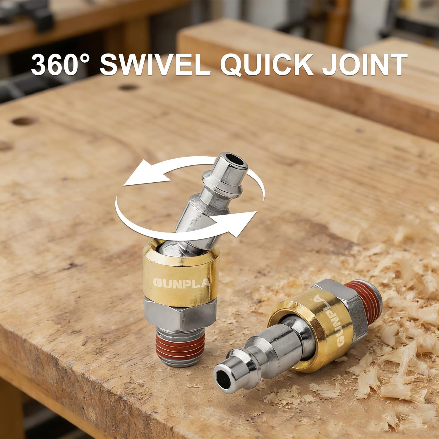 6-Piece 1/4" Swivel Air Plugs, Featuring 360° Swivel Function and Premium Gold Finish on Steel, 1/4-Inch NPT Male Threads (18 TPI) Air Hose Fittings