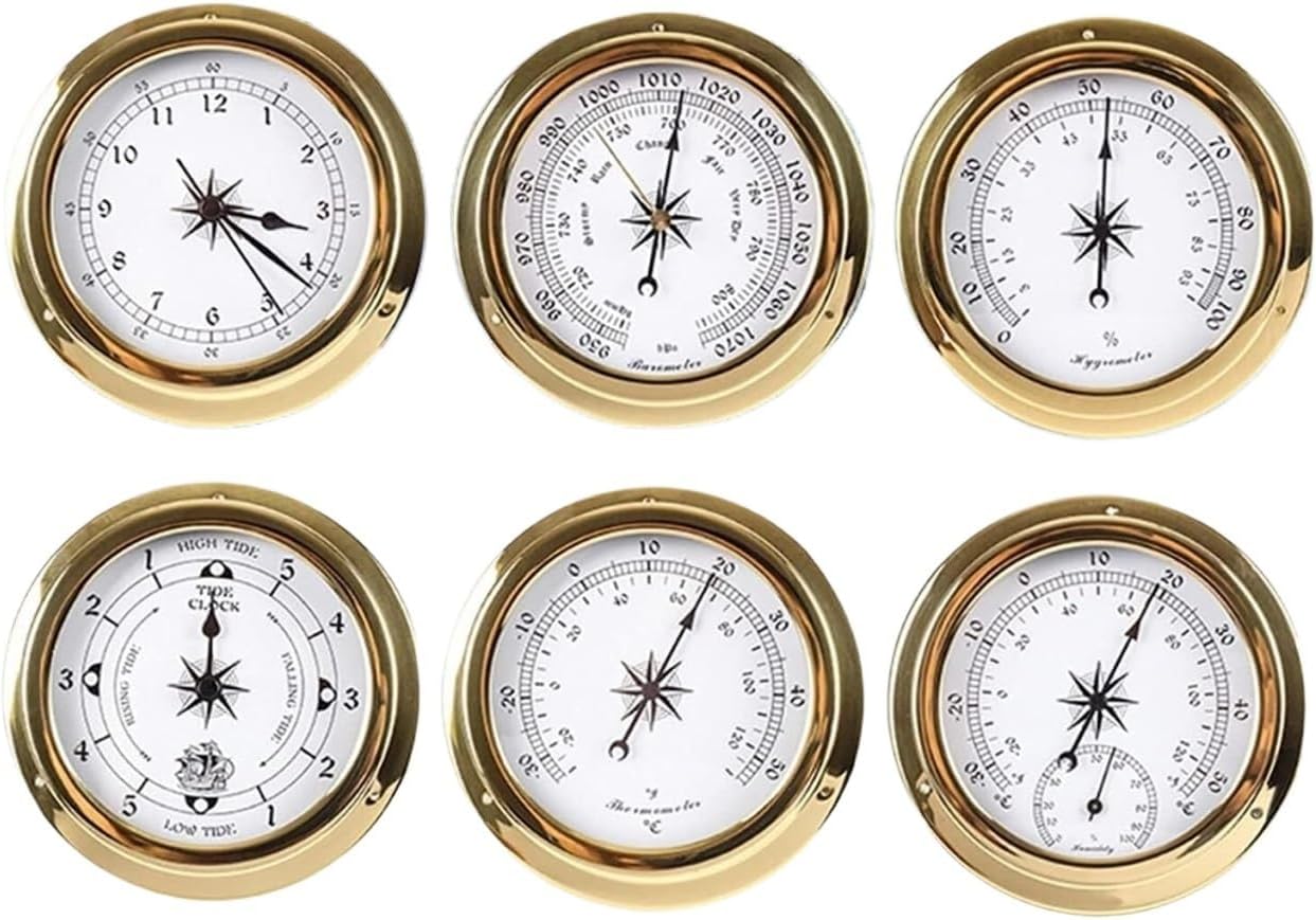 Glass Barometer,Outdoor Temperature Gauge, Traditional Barometer 115mm Wall Mounted Thermometer Hygrometer Barometer Watch Tidal Clock Weather Station Copper Shell for Hotels,
