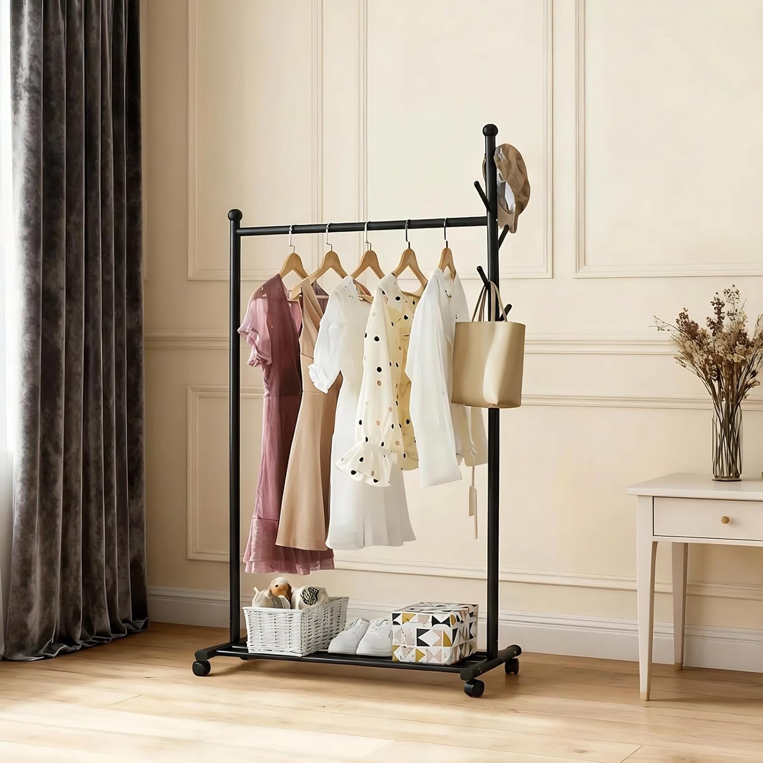 Small Clothes Racks for Hanging Clothes Clothing Rack with Wheels Metal Garment Rack with Shelves Portable Rolling Wardrobe Racks for Small Space Corner Bedroom Hallway Entryway Living Room Black