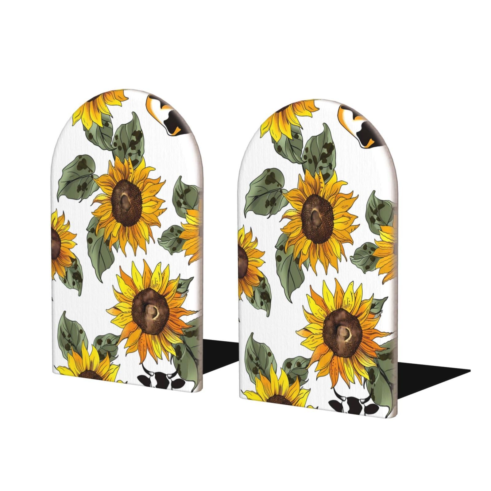 AYCZN Bookends Cow Sunflower Book Ends for Shelves Farm Animal Bookends for Heavy Books, Book Stopper Organizer Book Shelf Holder for Home Office 2