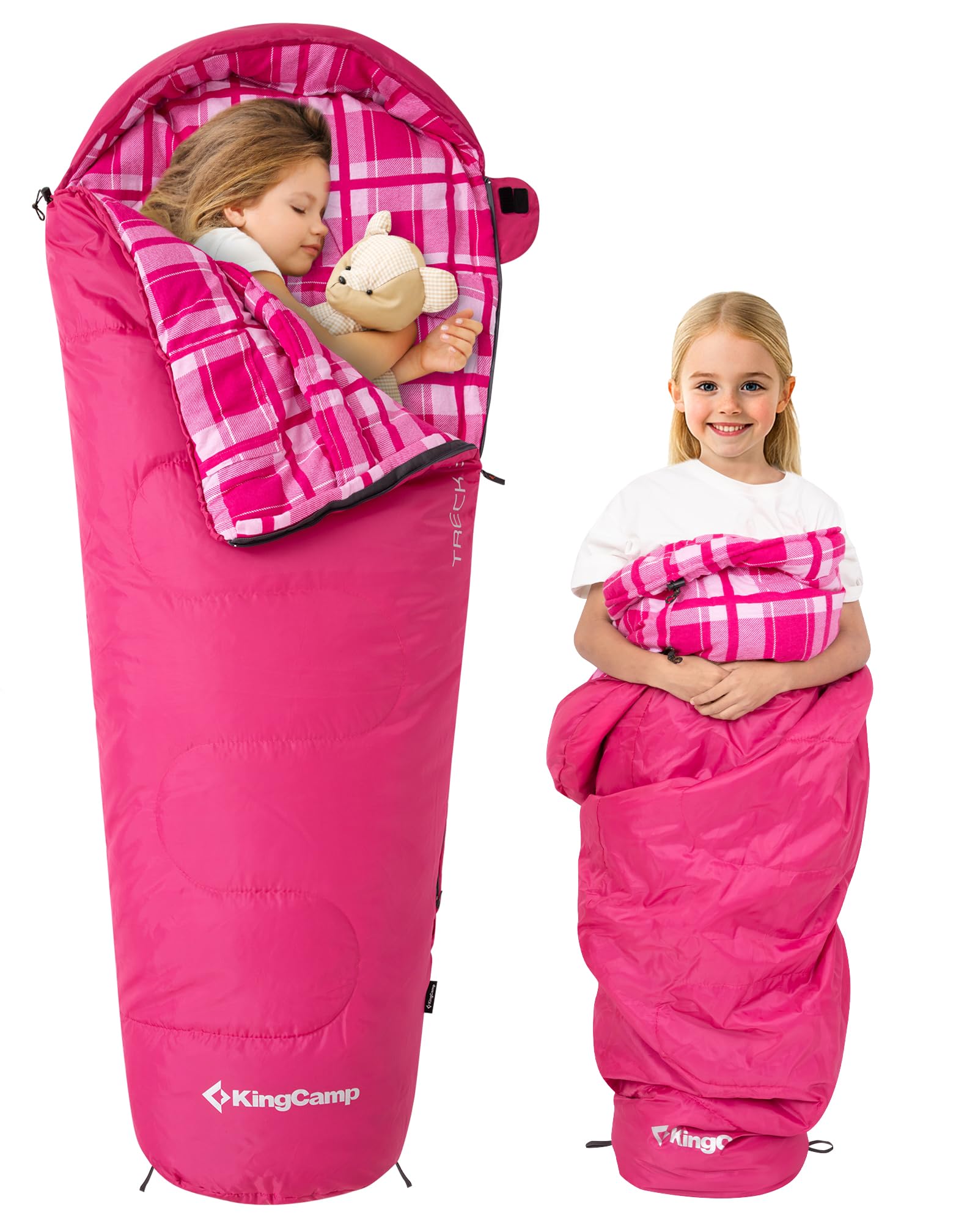 KingCamp Kids Sleeping Bag Cotton Flannel, Warm and Comfortable Children’s Mummy Sleeping Bags 6-12 Years (up to 100-145cm), Camping Essentials for Travel and Outdoor Activities in Winter(Pink Check)