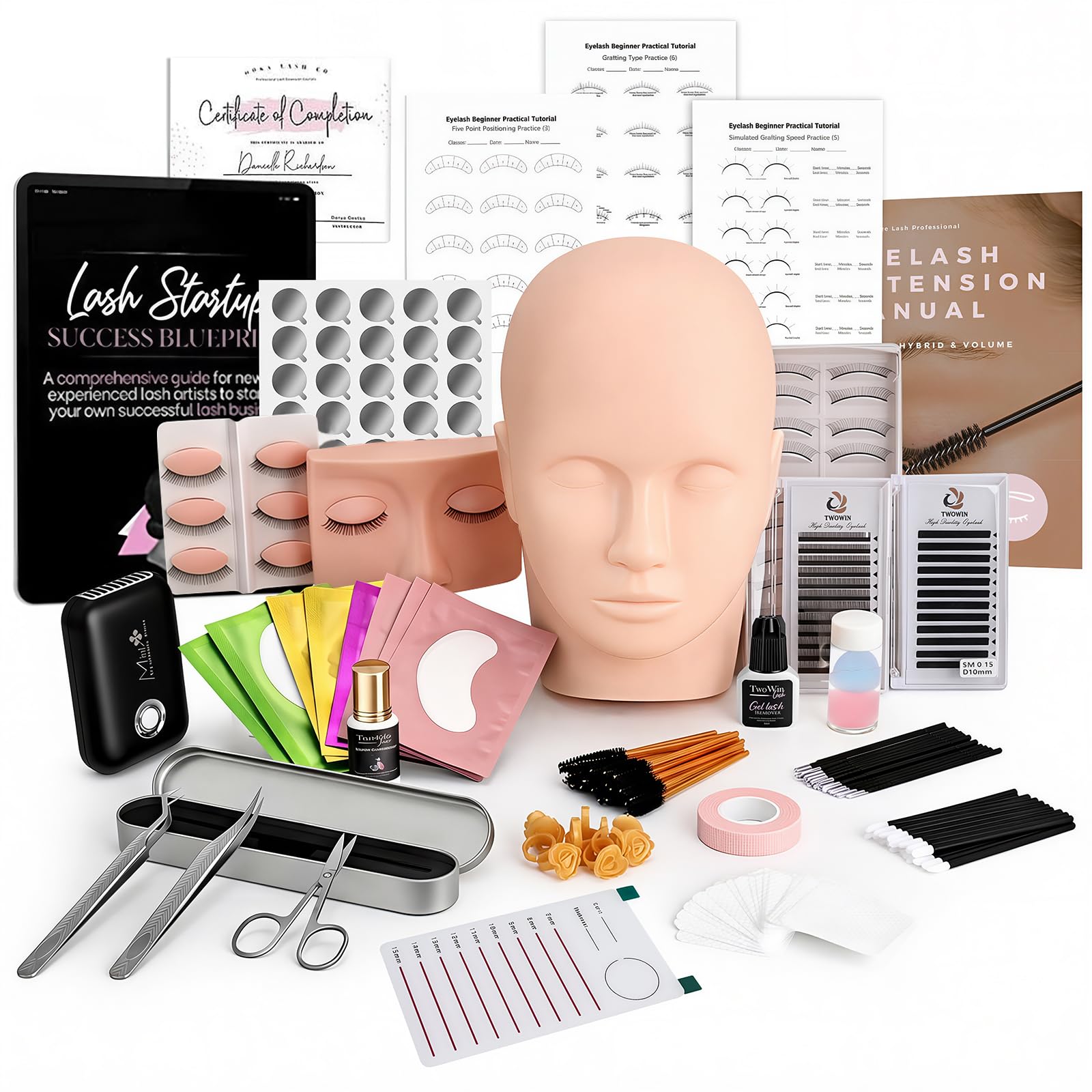TwoWin Wimpernverlängerungs Set with 4 pairs Removable Eyelids, Eyelash Extension Kit, Professionelle Wimpern Mannequin Kopf Set, Wimpern Extensions Set, Wimpernverlängerung Starterset