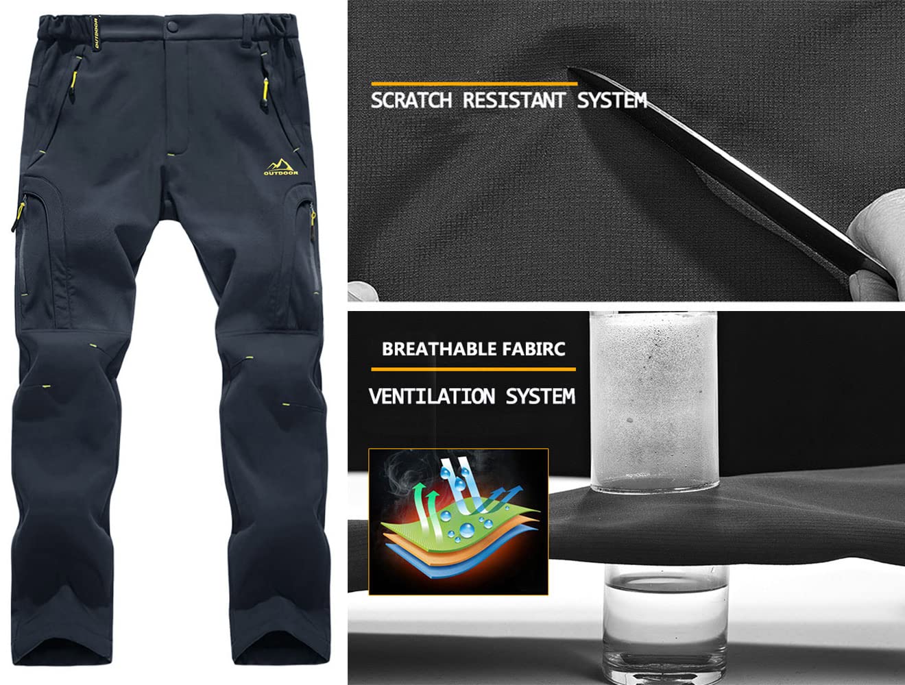EKLENTSON Pantalon de Cyclisme Randonnee Marche Pantalons Hiver pour Hommes avec Poches Zippées, Noir