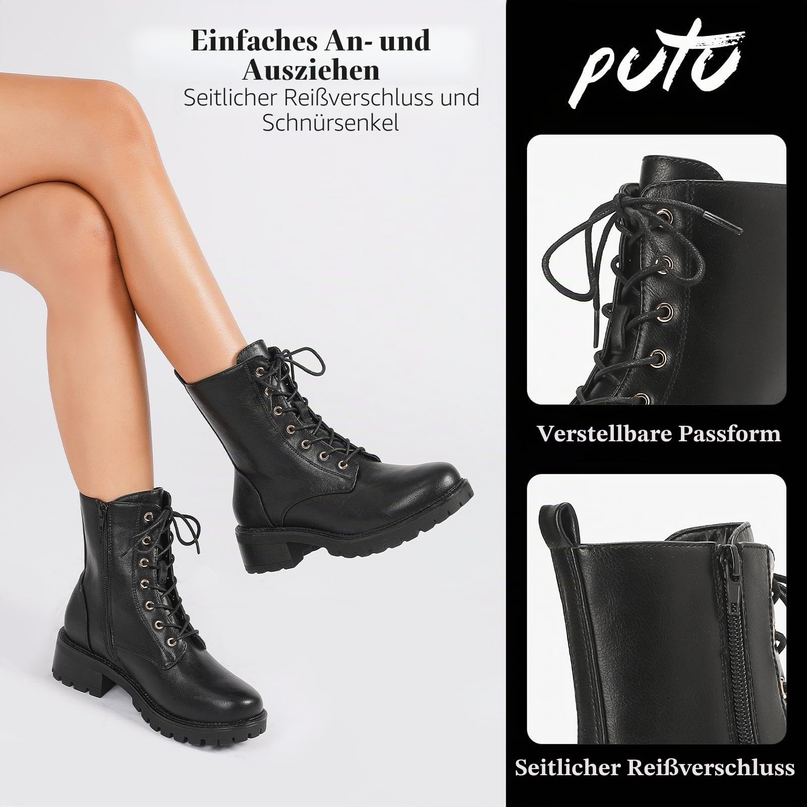 Putu Damen Stiefel Schnürboots mit Reißverschluss Profilsohle 36-42