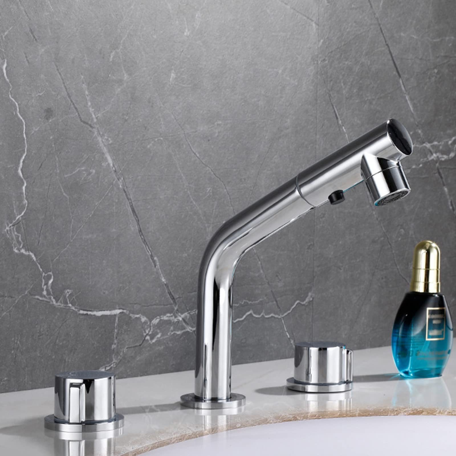Mitigeur de lavabo de cuisine avec douche chromé au design double levier durable