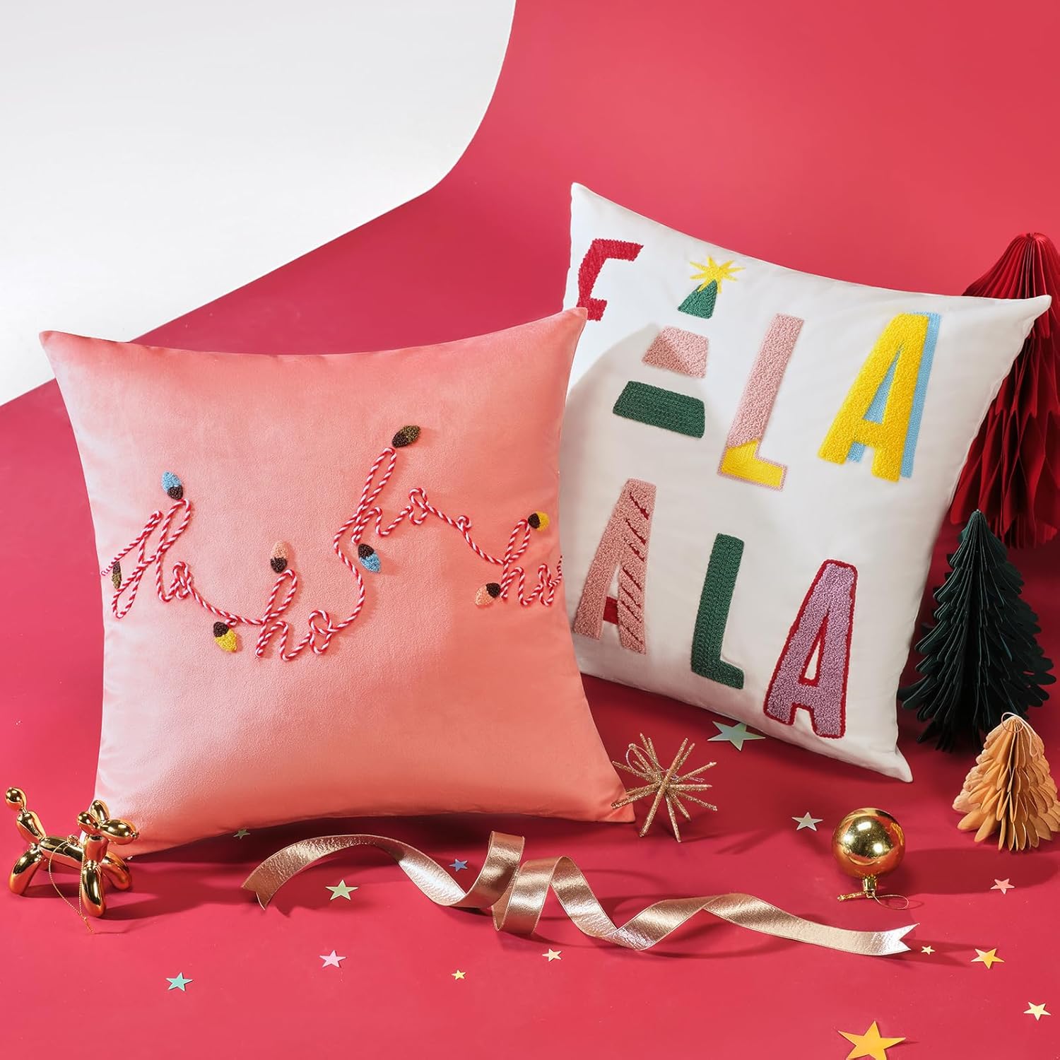 Ashler Merry Christmas Throw Pillow Covers, Letter Embroidery Pillow Covers, Velvet Holiday Decorative Pillowcase with 3D Light String, Set of 2, Pink, 18 x 18 Inch