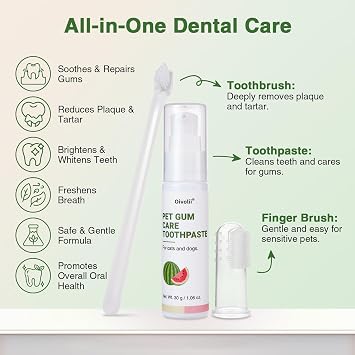 Dog Toothpaste Kit for Gum Care Watermelon Flavor Dental Toothpaste with Finger Brush & Long-Handle Toothbrush Reduces Plaque, Soothes Gums, Freshens Breath Safe for Daily Use