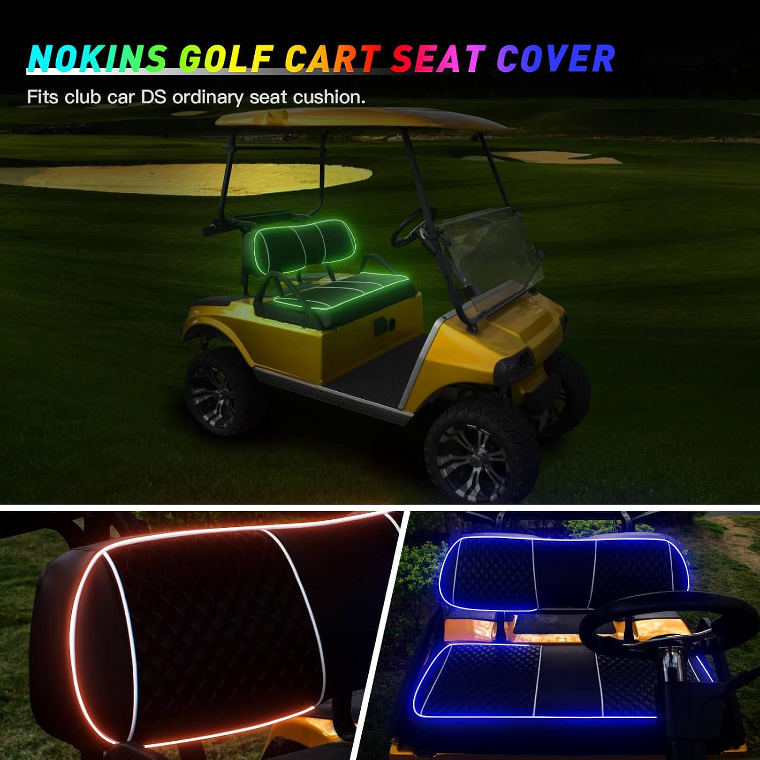 NOKINS Golf Cart Seat Covers with RGB Ambient Light Seat Cover Kit for Club Car/EZGO/Yamaha Seat Cushion, No Staple, Golf Cart RGB Lighting with Music Sync Replacement Seat Cover, Black