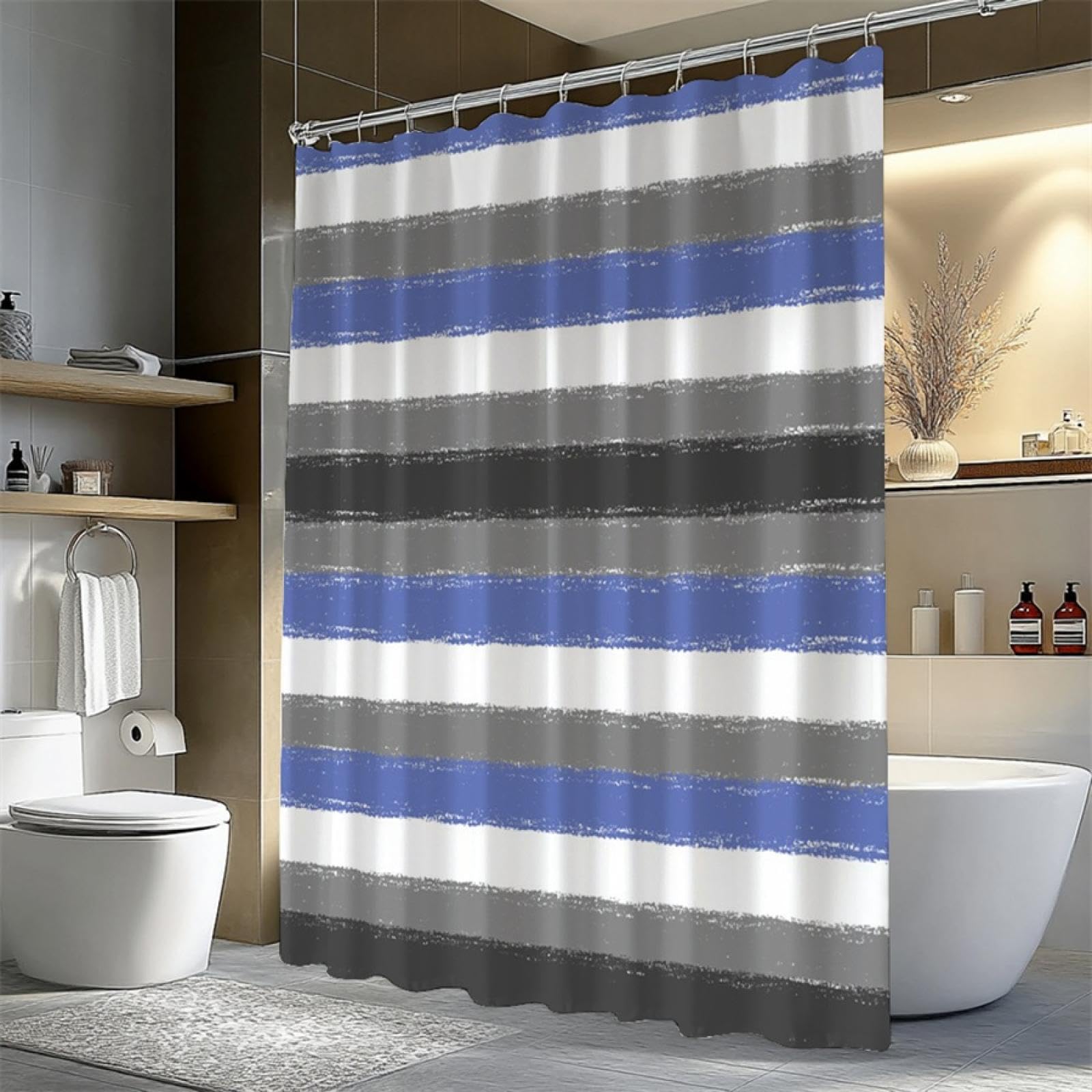 Duschvorhang mit horizontalen strukturierten Streifen in Weiß, Grau und Blau, modernes Design, stilvolle Badezimmerdekoration, 175x220cm