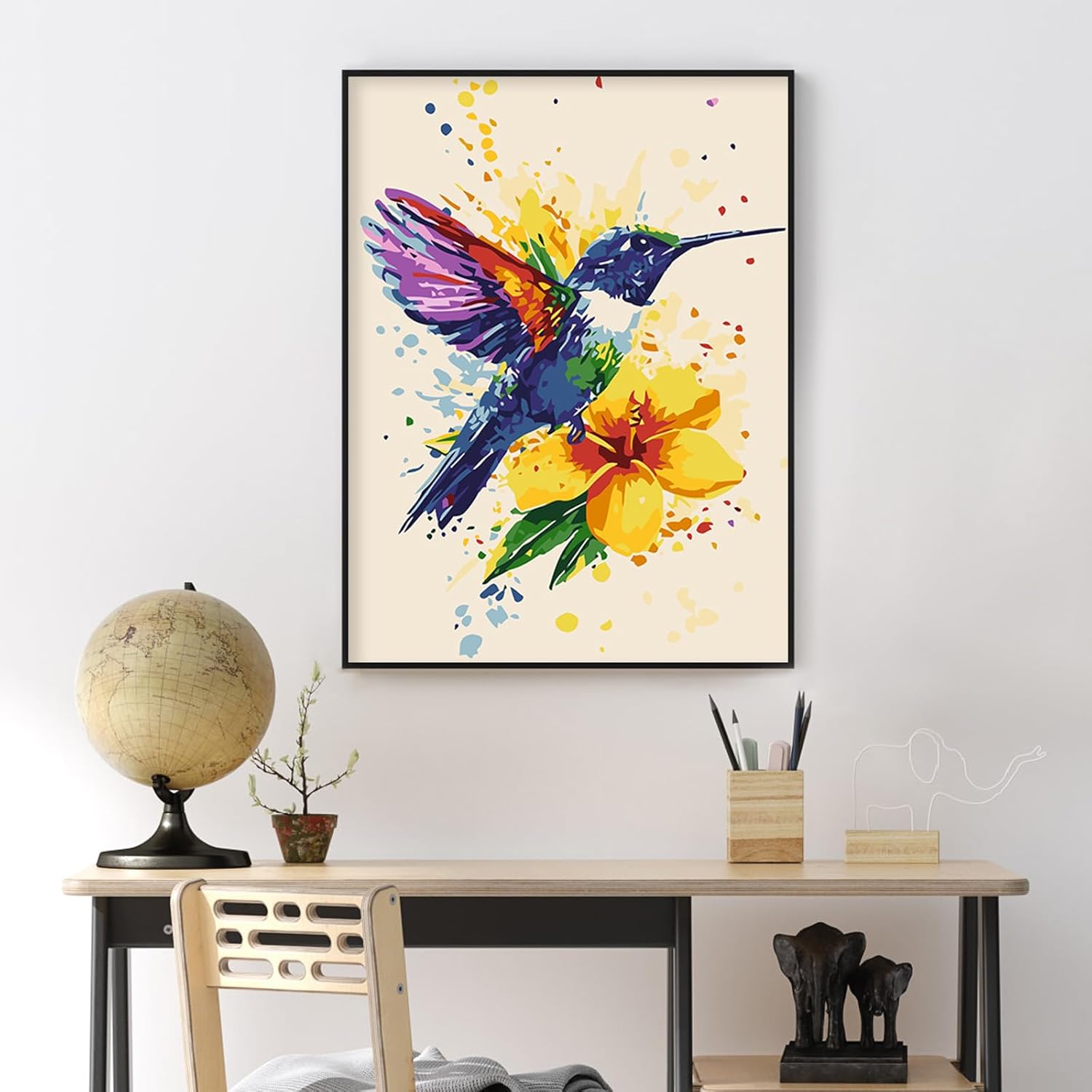 Yezavesu Framed Paint by Numbers Kit for Adults Beginner, 12x16 Inch Hummingbird Paint by Numbers with Frame, DIY Watercolor Number Painting for Adults Hummingbird for Home Wall Decor Gift