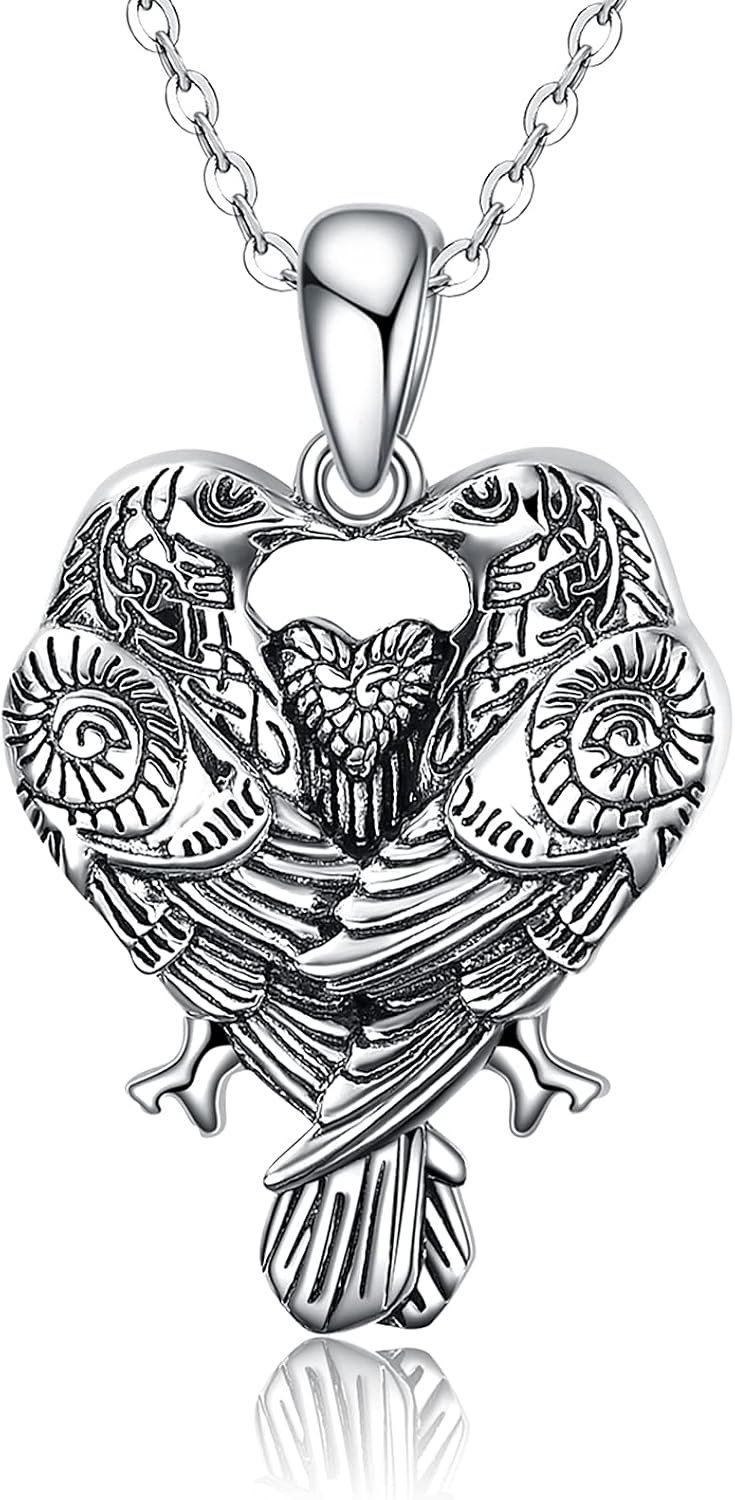 Raven Pendant Necklace 925 Sterling Silver Crow Huginn and Muninn Viking Jewelry Couple Gifts for Women and Men