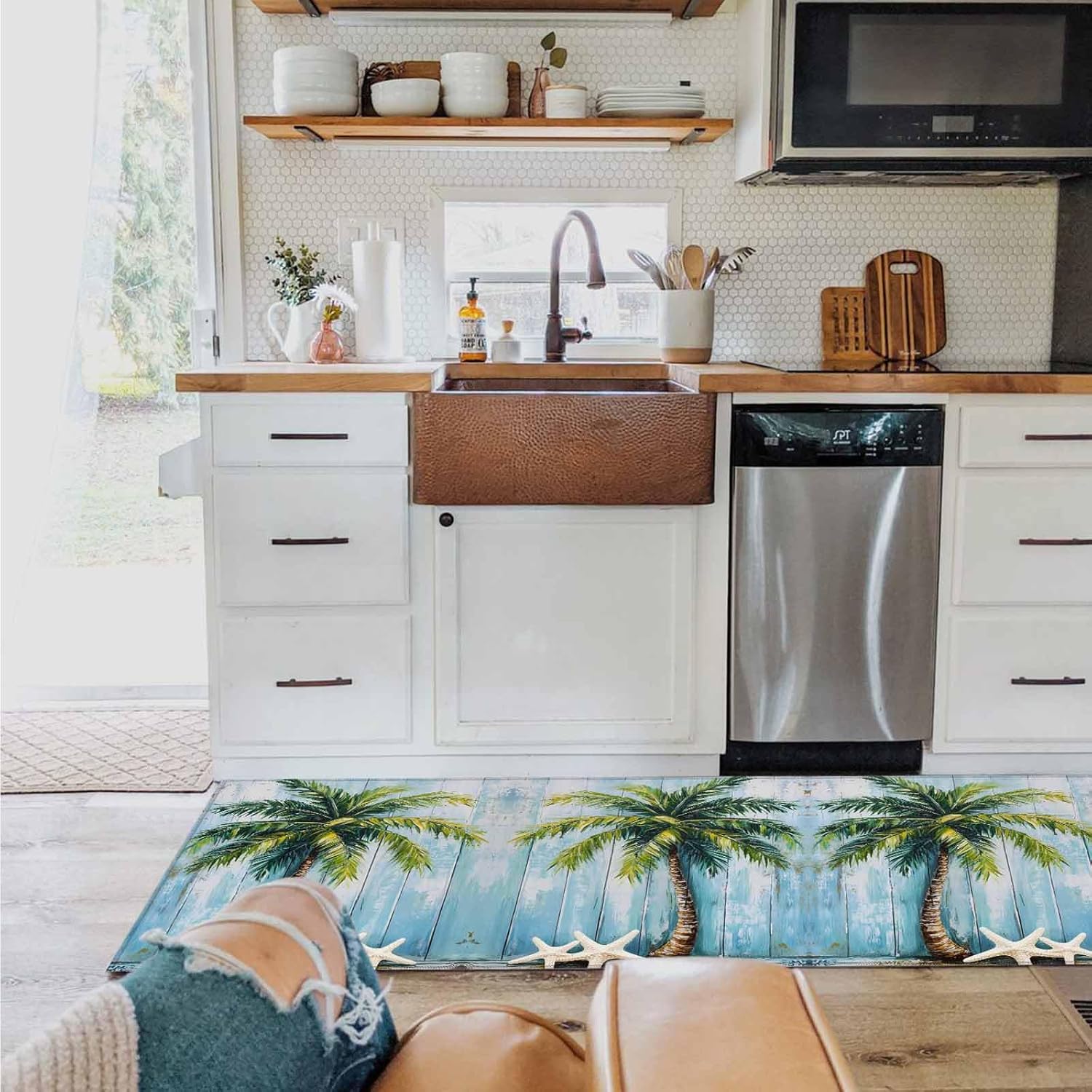 2 Pieces Kitchen Rugs and Mats,Vintage Coconut Tree Starfish Area Runner Rug Set Non Slip Floor Doormat Washable Carpet Standing Mat for Kitchen Sink Indoor Corridor,Beach Blue Wood Board