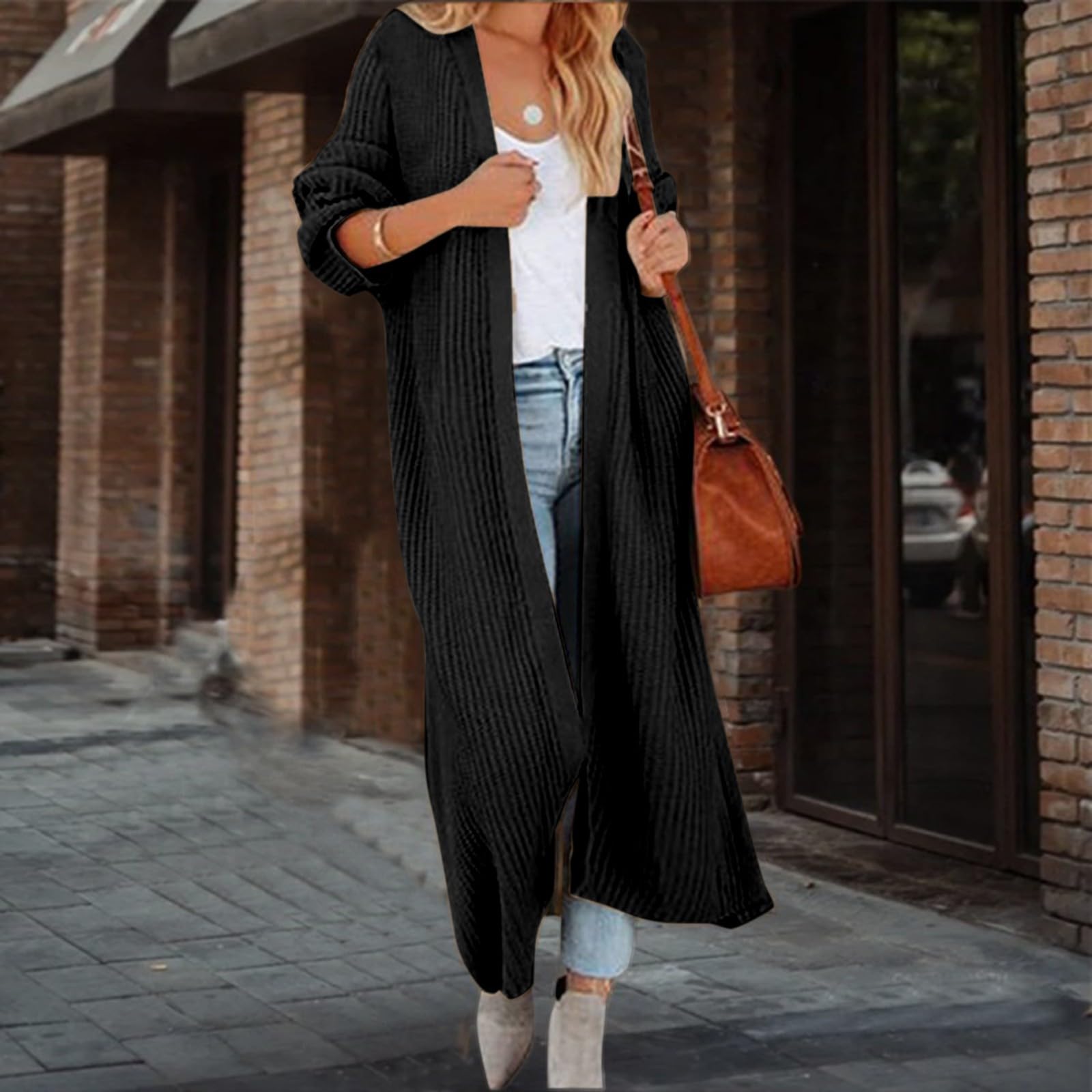 Chaqueta de punto para mujer, chaqueta de punto frontal abierta, cárdigan largo para mujer, monocolor, ligero, elegante, abrigo de punto cálido