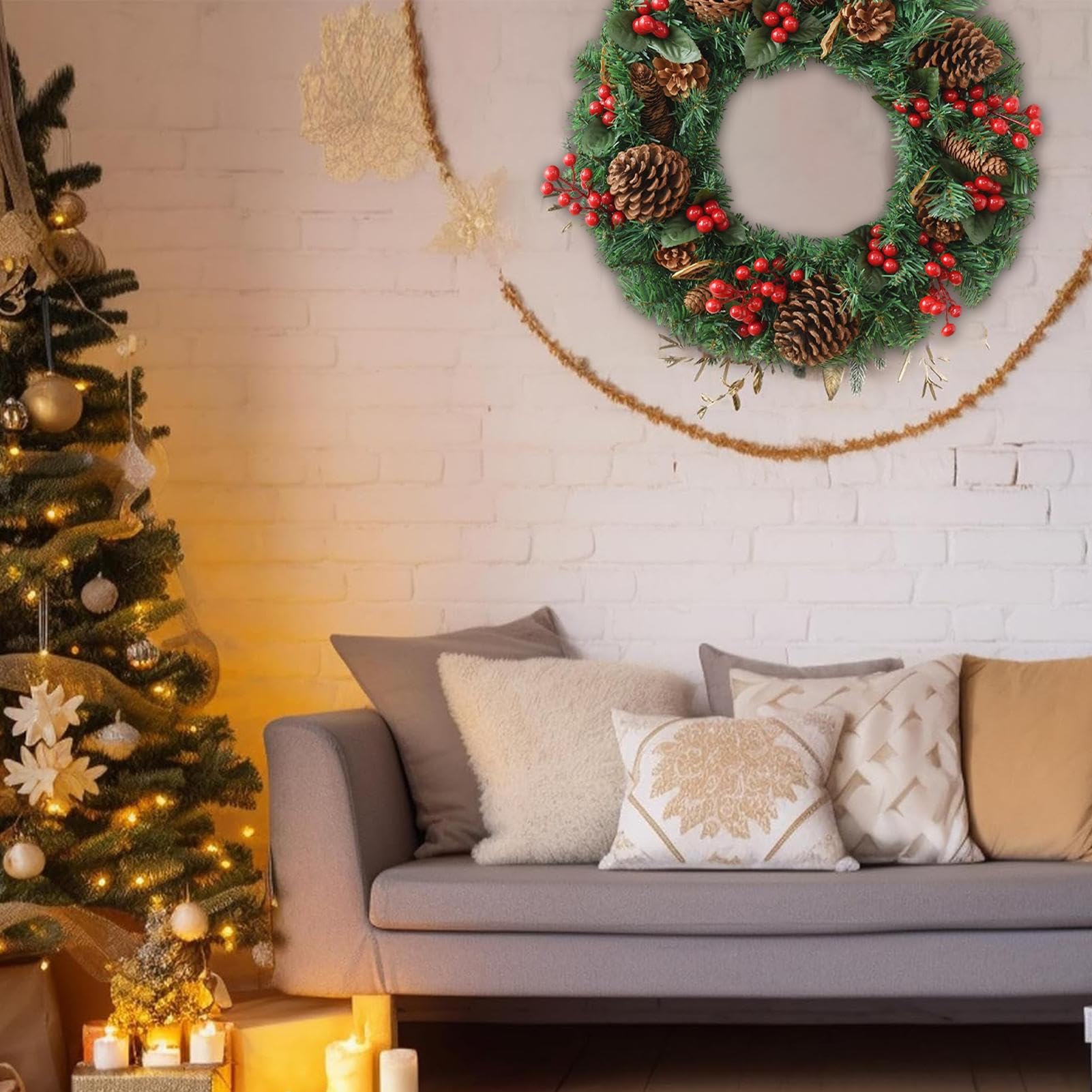 Couronnes De Noël Pour Porte D'Entrée Décor Artificiel Saisonnier | Couronne Rustique avec Cône de Pin et Baies Rouges Pour Porte D'Entrée Extérieur Intérieur Maison Porche Hiver Fenêtre