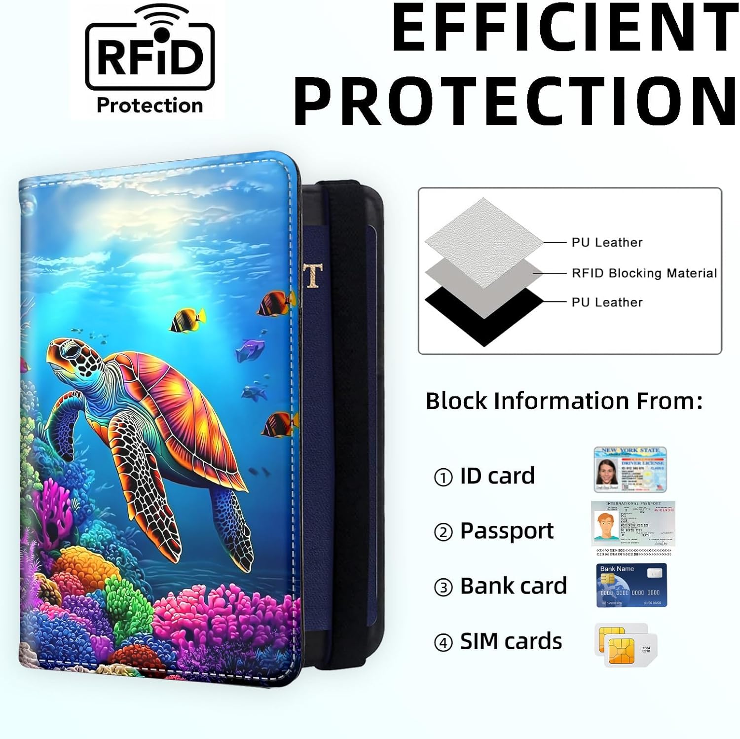 RFID Blocking Passport Holder for Travel, Passport Cover Case for Travel Document Organizer Passport Card Holder, Passport Wallet with Card Slots for Women & Men, Colorful Sea Turtle