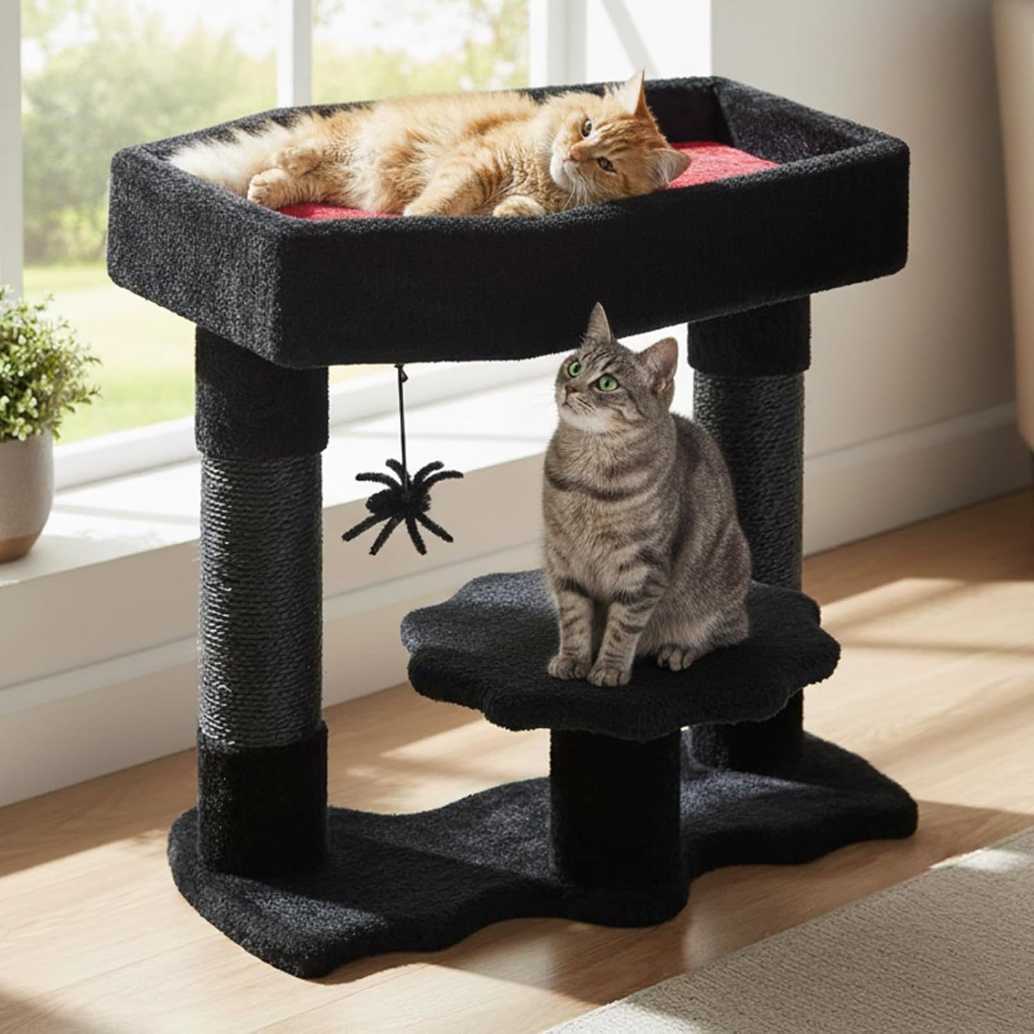 BEWISHOME Cat Tree Tower for Indoor Gothic Cat Trees with Coffin Bed, Halloween Cat House with Scratching Posts, Cat Shelves for Kitten, Spider Toy, Spooky Coffin Black with Red, Small MMJ91R