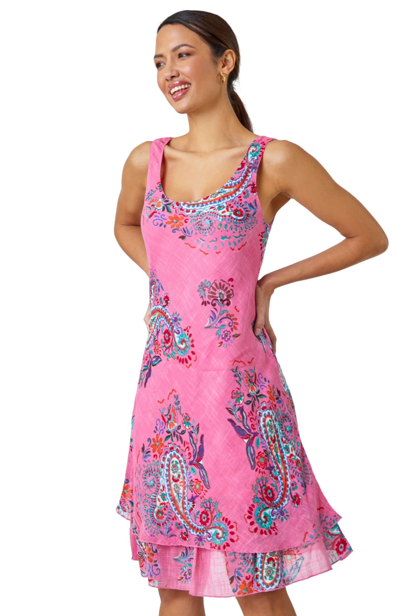 Roman Women's Paisley Print Cotton Layered Dress in Pink | Size: 16