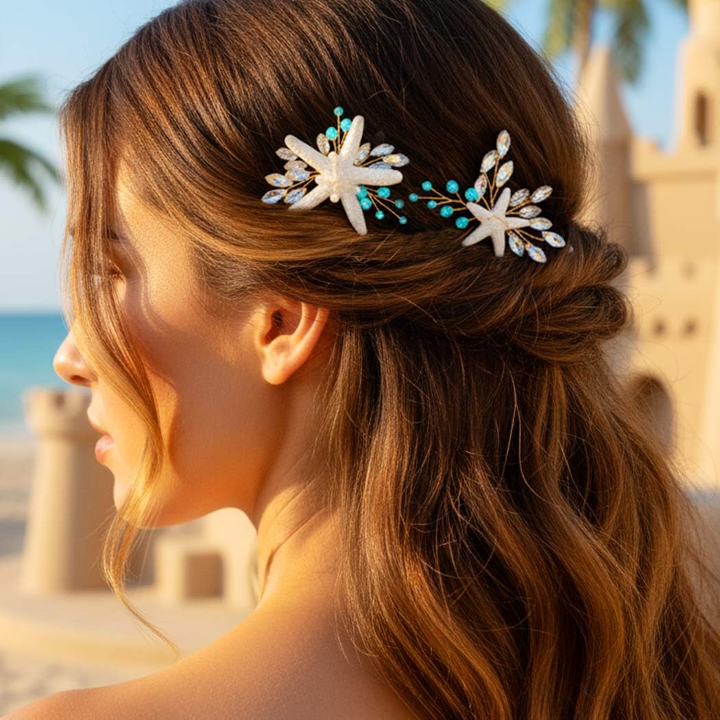 HEREAD Starfish Hair Pins Gold Crystal Hair Accessories Beach Mermaid Hair Pieces for Women and Girls (Pack of 2) (Gold) - Image 3