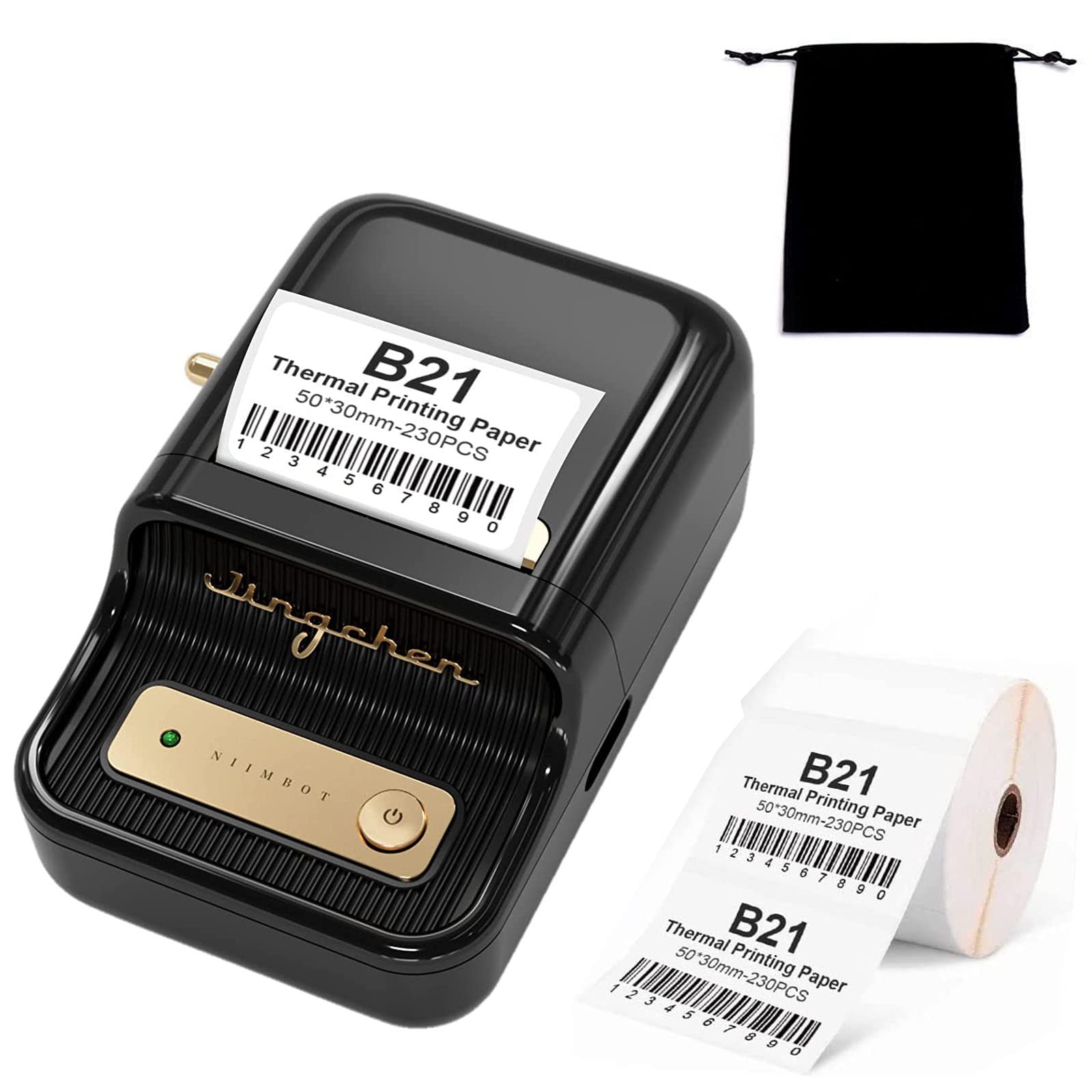 IS MUHEB21 Barcode Label Printer, Portable Labeler with Tape, Inkless Thermal Sticker Maker, Compatible with iOS and Android Universal for Home and Business, with 1 Roll of Label Stickers (Black)