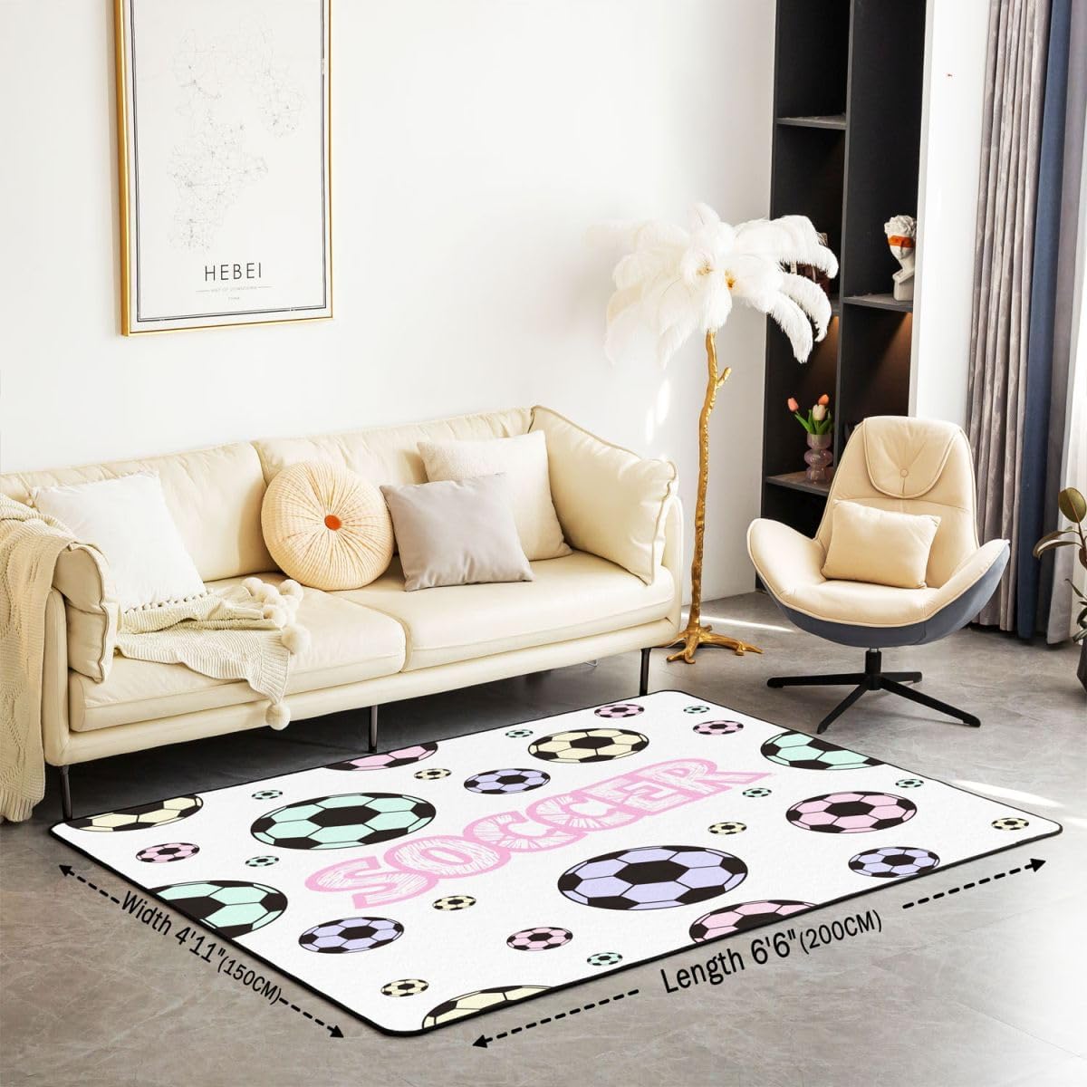 Kids Soccer Area Rug 5x7 Music Pattern Living Room Rugs for Boys Girls Room Decorations Sports Theme Decorative Carpet Colorful Style Indoor Floor Mat