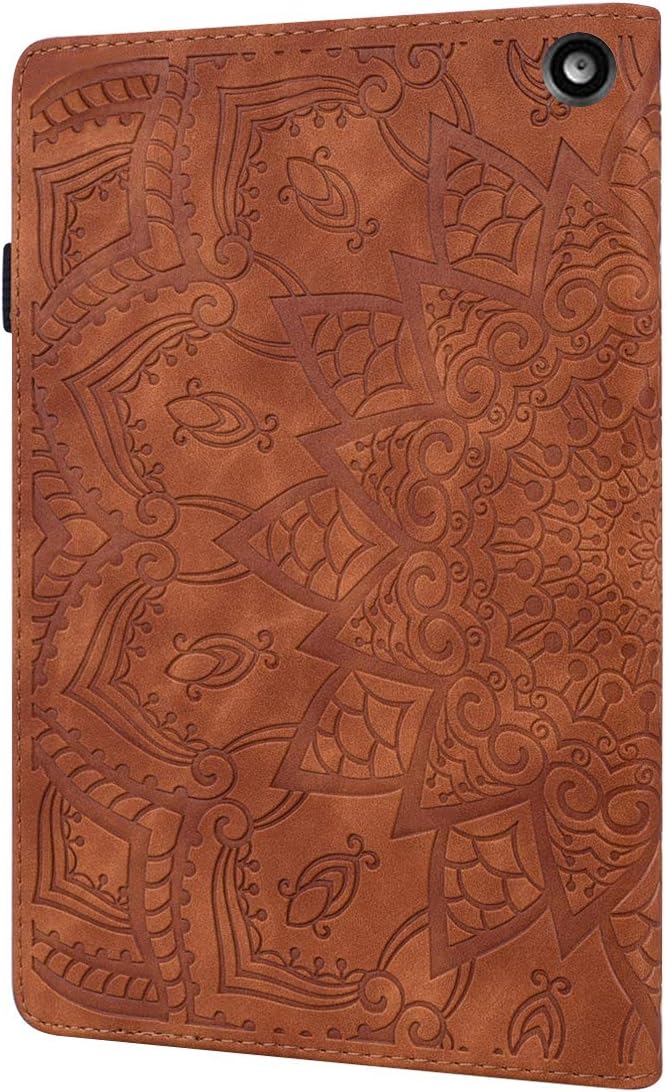 Case for Amazon Fire HD 8 2024 2022 2020/8 Plus 12th 10th Gen, Techcircle Mandala Embossed PU Leather Folio Stand Soft TPU Back Cover Slim Lightweight Elastic Band Protective Case w/Card Slots, Brown