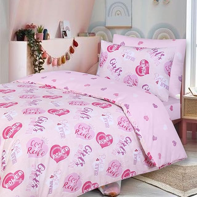 DTEX HOMES - 100% Cotton Kids Childrens Bedding Set Reversible Duvet Cover With Pillowcases and Matching Fitted Sheet (Girls Rule, Toodler Complete Set)