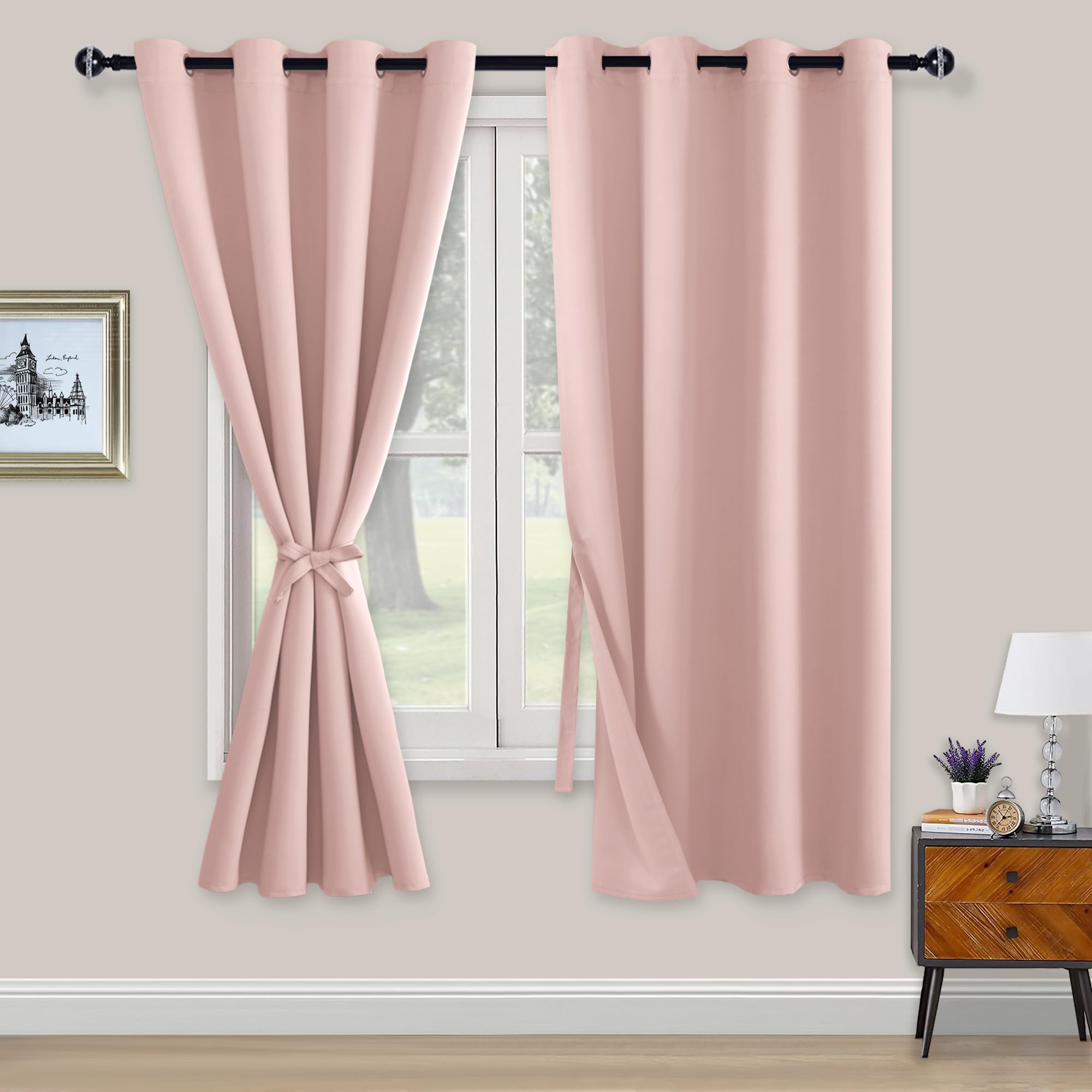 XWZO Blackout Curtains Shades Window Curtain Panels with Tiebacks- Noise Reduction and Thermal Insulated Eyelet Curtains for Bedroom,Living Room,Office,Study Room Pink W52xL63