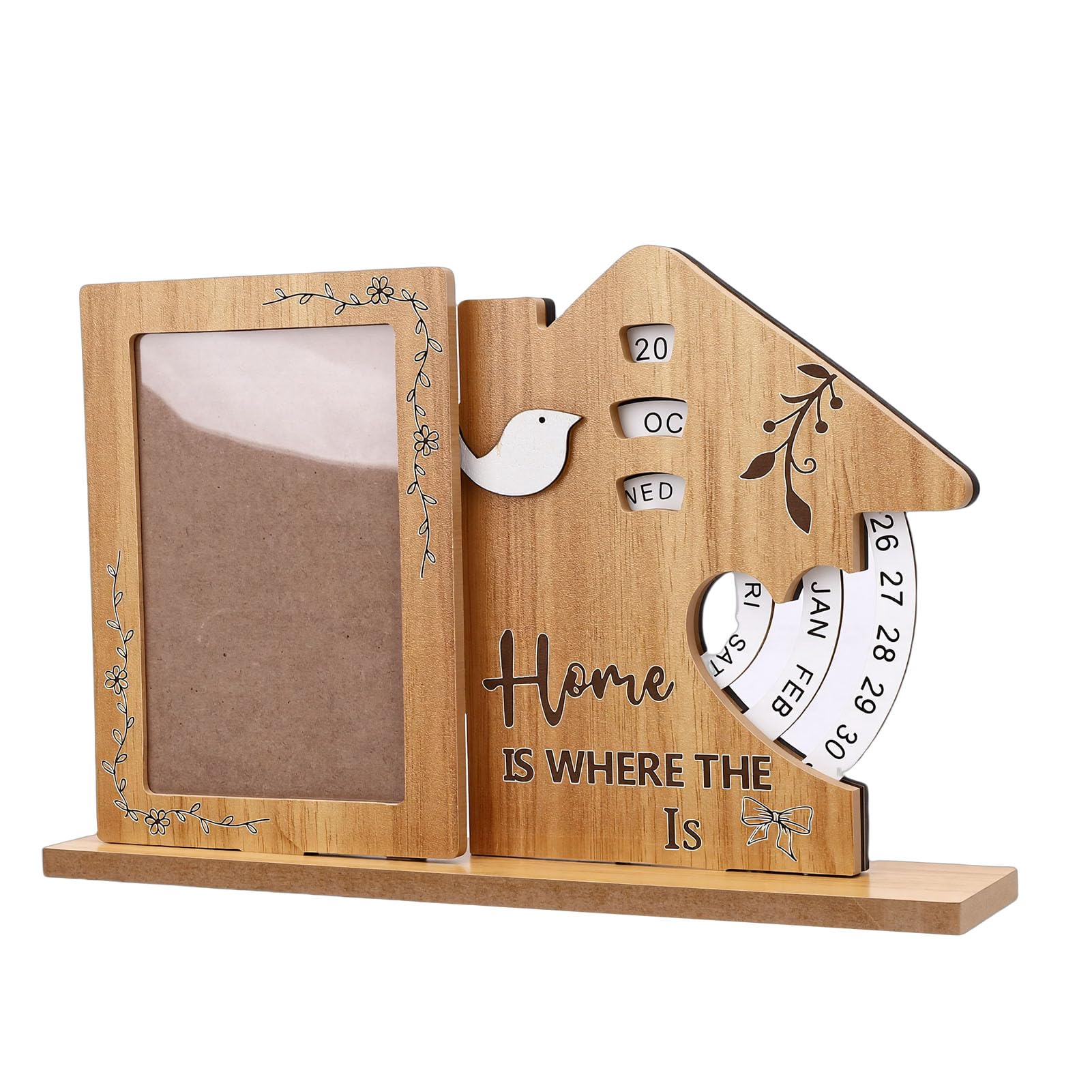 Pissente Perpetual Calendar Picture Frame, Rotating Wooden Photo Display with Customizable Insert for Home Office Desk Decor and (House)