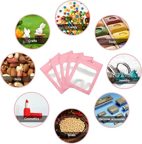 Miniatura 7 de Joycraft 100 bolsas de Mylar de 3.5 x 4.7 pulgadas, cremallera resellable, plástico rosa mate con ventana transparente, bonitas bolsas pequeñas para