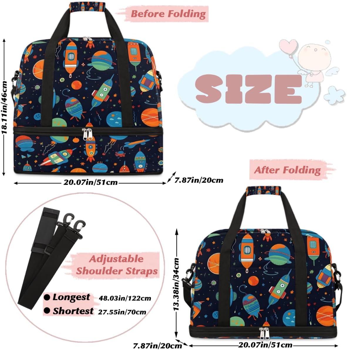 QsirBC Planet Decor Gym Bag for Women Duffle Tote with Shoes Compartment Men Weekender Duffel for Dance Travel Sports Swimming Overnight