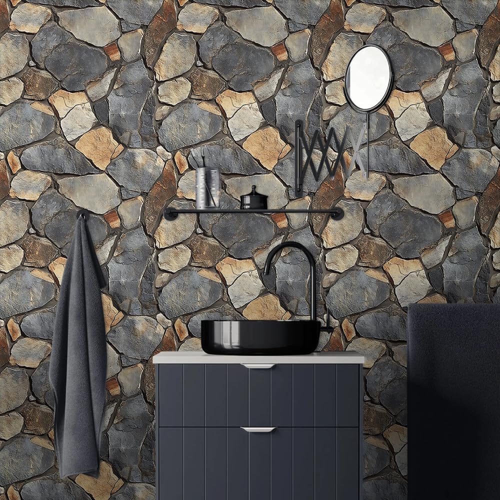 18"x236" Texture Vintage Grey Brown Stone Rocks Peel and Stick Wallpaper Easy Peel Off Contact Paper Vintage Vinyl Self Adhesive Removable Stick on Wall Paper for Kitchen Cabinet Renter Friendly