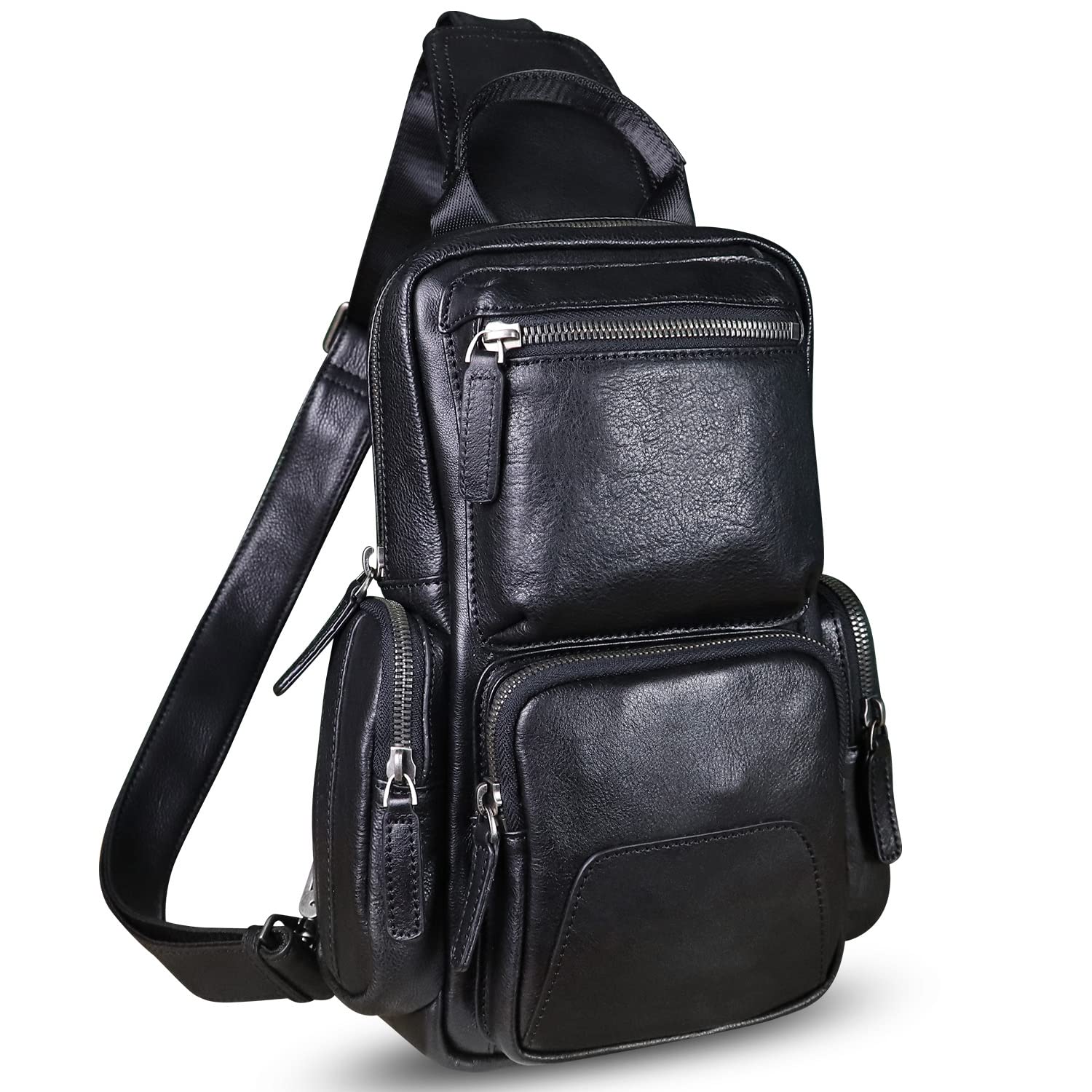 IVTG Genuine Leather Sling Bag Crossbody Casual Hiking Daypack Vintage Handmade Chest Bag Shoulder Backpack Motorcycle Pack (Darkgrey)