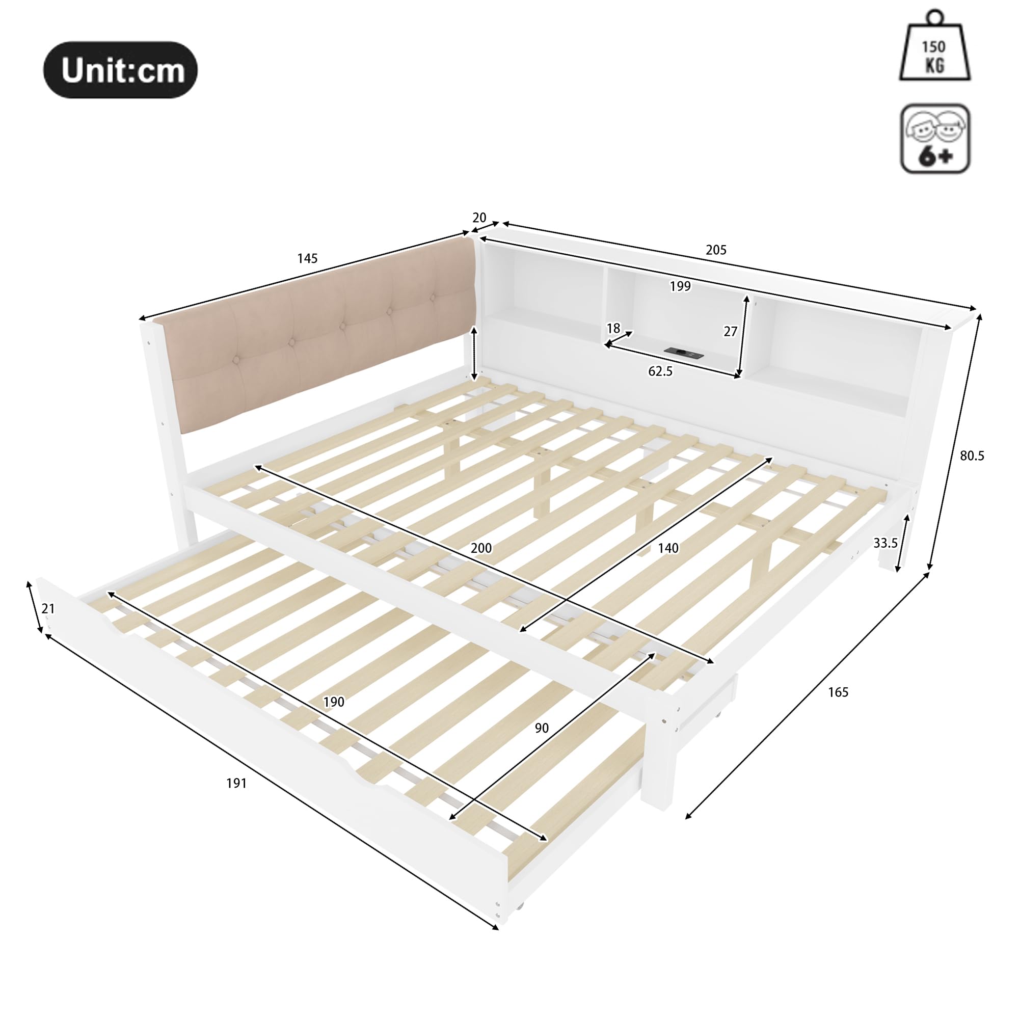 Fasba Cama con Almacenamiento y Puerto USB - Diseño práctico para niños y familias Modelo FCLYD-WX000340AAK