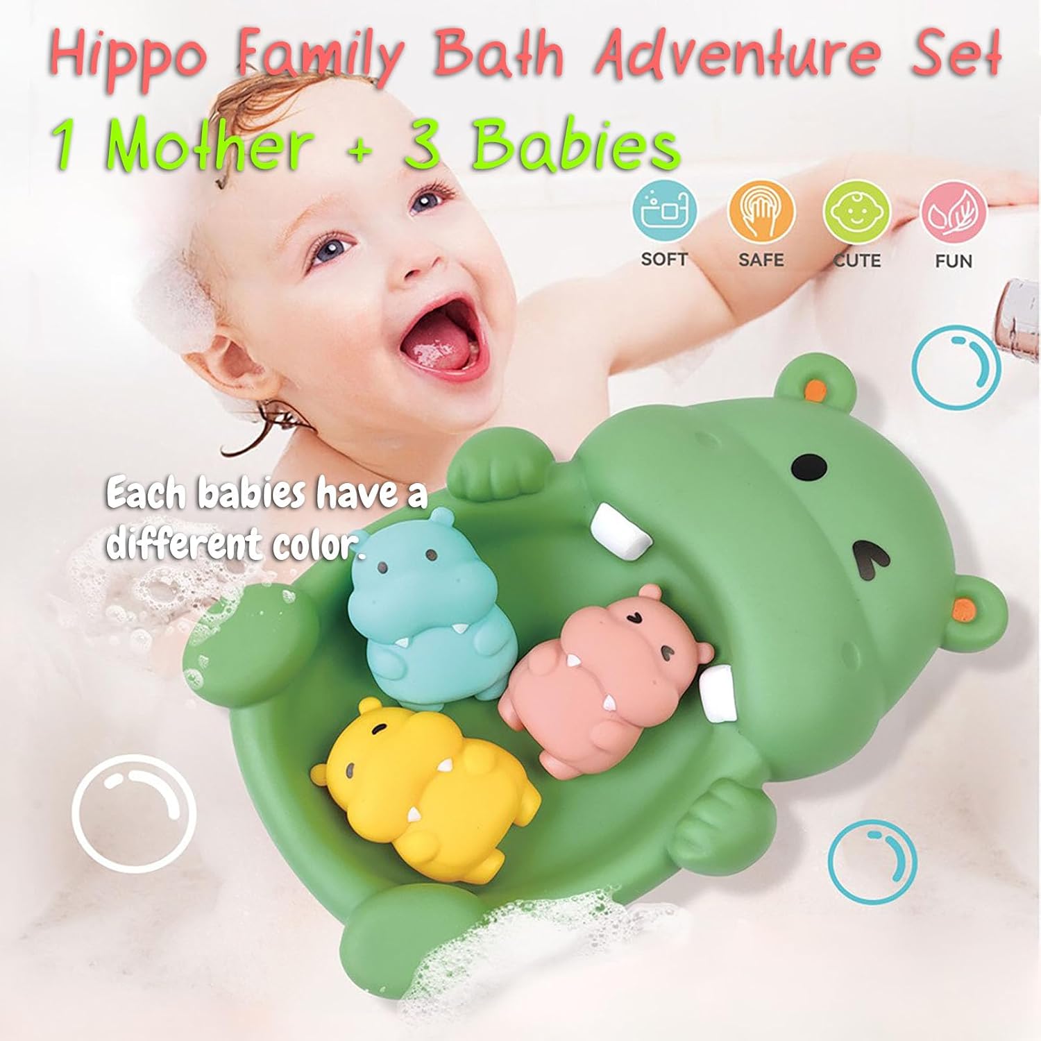 Seal & Hippo Family Bath Adventure Set, 1 Mother Seal & Hippo and 3 Baby Seal & Hippo, Soft Vinyl Material, One-Piece No Hole Design (Hippo)