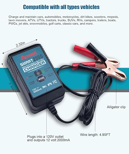 Miniatura 4 de Cargador de batería totalmente automático de 12 V, 2 amperios y mantenedor para automóvil, cortacésped, ATV, motocicleta, barco, litio marino