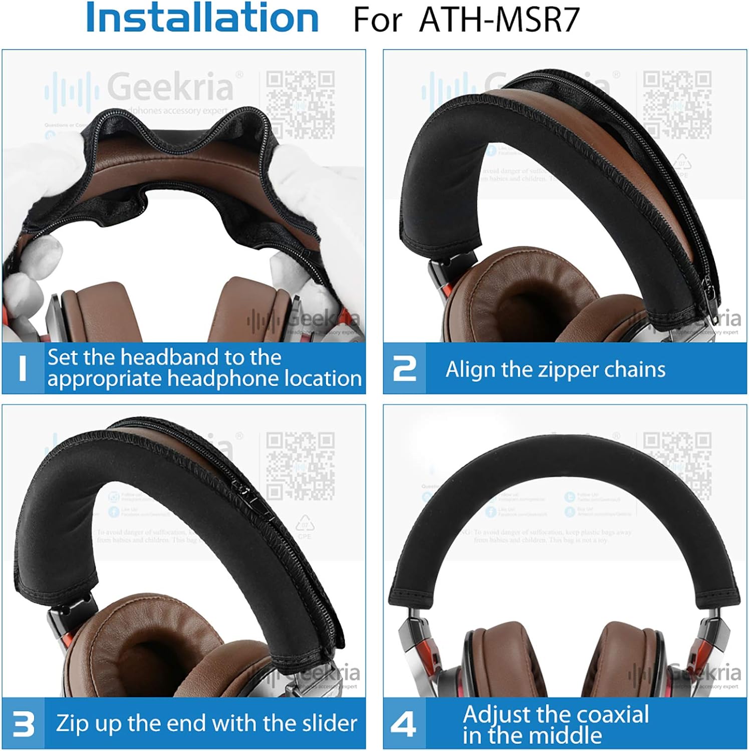 Geekria Flex Fabric Headband Cover Compatible with ATH-MSR7, ATH-MSR7NC, ATH-MSR7BK, ATH-MSR7GM Headphones, Head Cushion Pad Protector, Replacement Repair Part, Sweat Cover, Easy DIY Installation