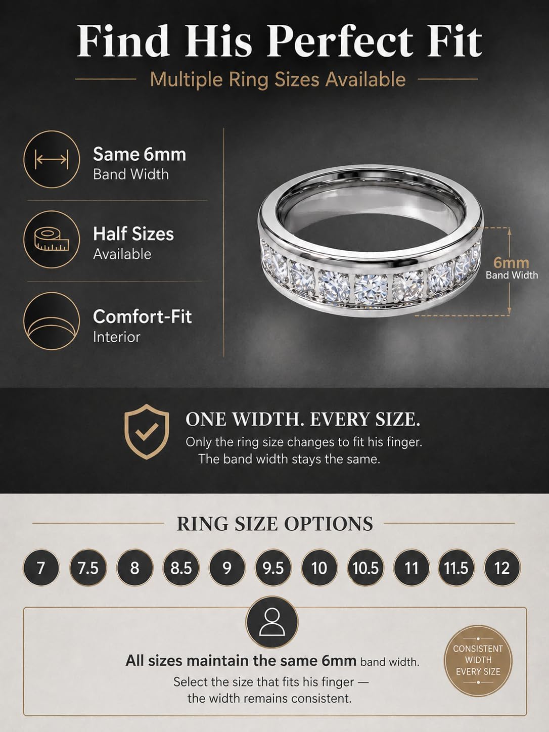 Moissanite Mens Wedding Band, Lightweight All-Titanium Ring, VVS1.D Color