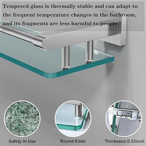 Miniatura 5 de Paquete de 2 estantes de vidrio para baño, 21 pulgadas, soportes rectangulares de acero inoxidable, vidrio templado, accesorios de montaje modernos