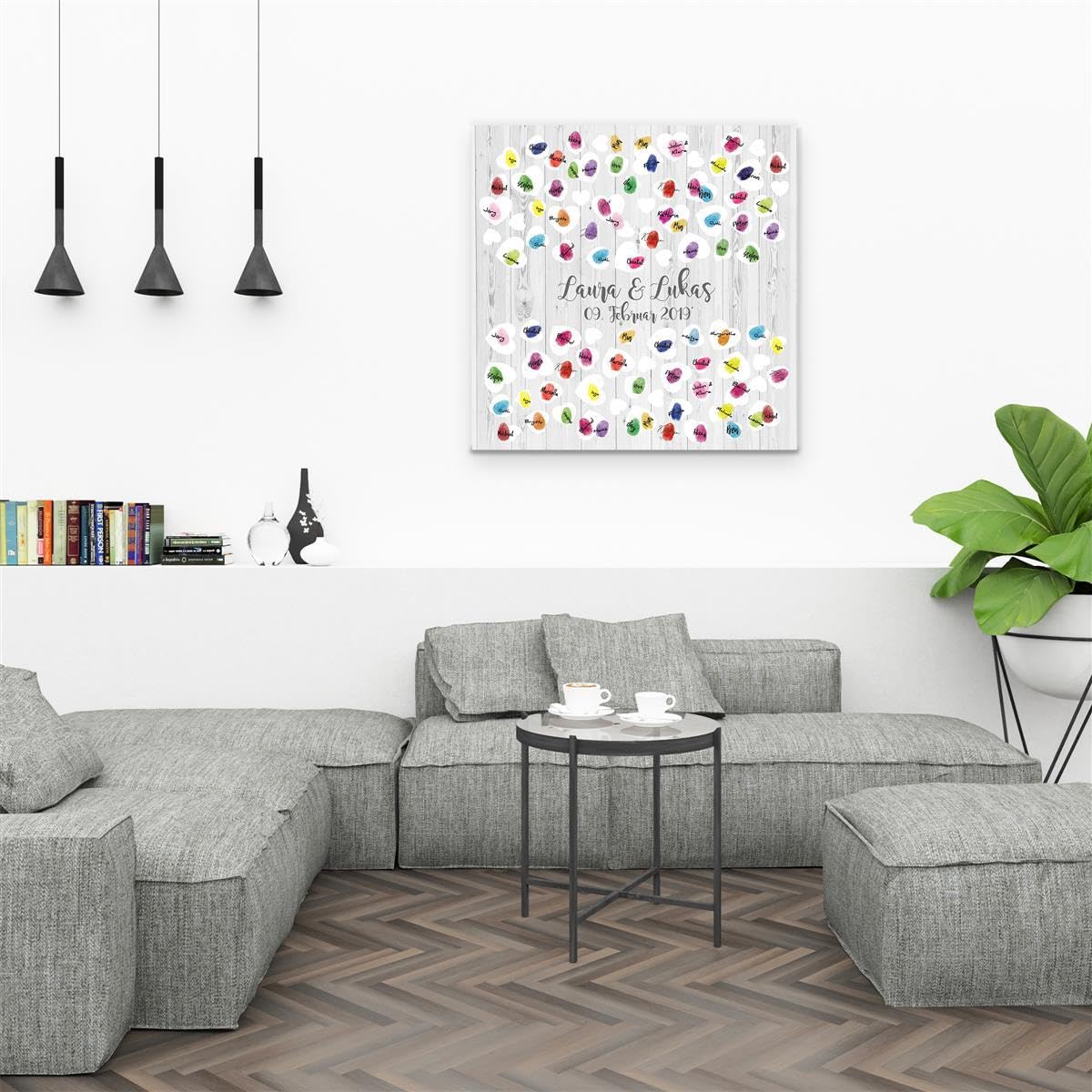 Madyes Płótno ślubne, księga gości z drewna i serca dla pary młodej, jako prezent, dekoracja ślubna, imiona z datą, wymiary 50 x 50 cm, na blejtramie drewnianym